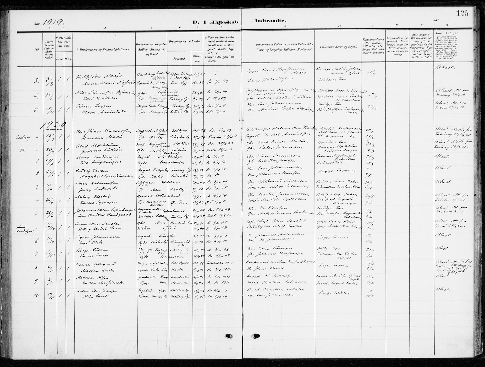 Ringsaker prestekontor, AV/SAH-PREST-014/K/Ka/L0021: Ministerialbok nr. 21, 1905-1920, s. 125