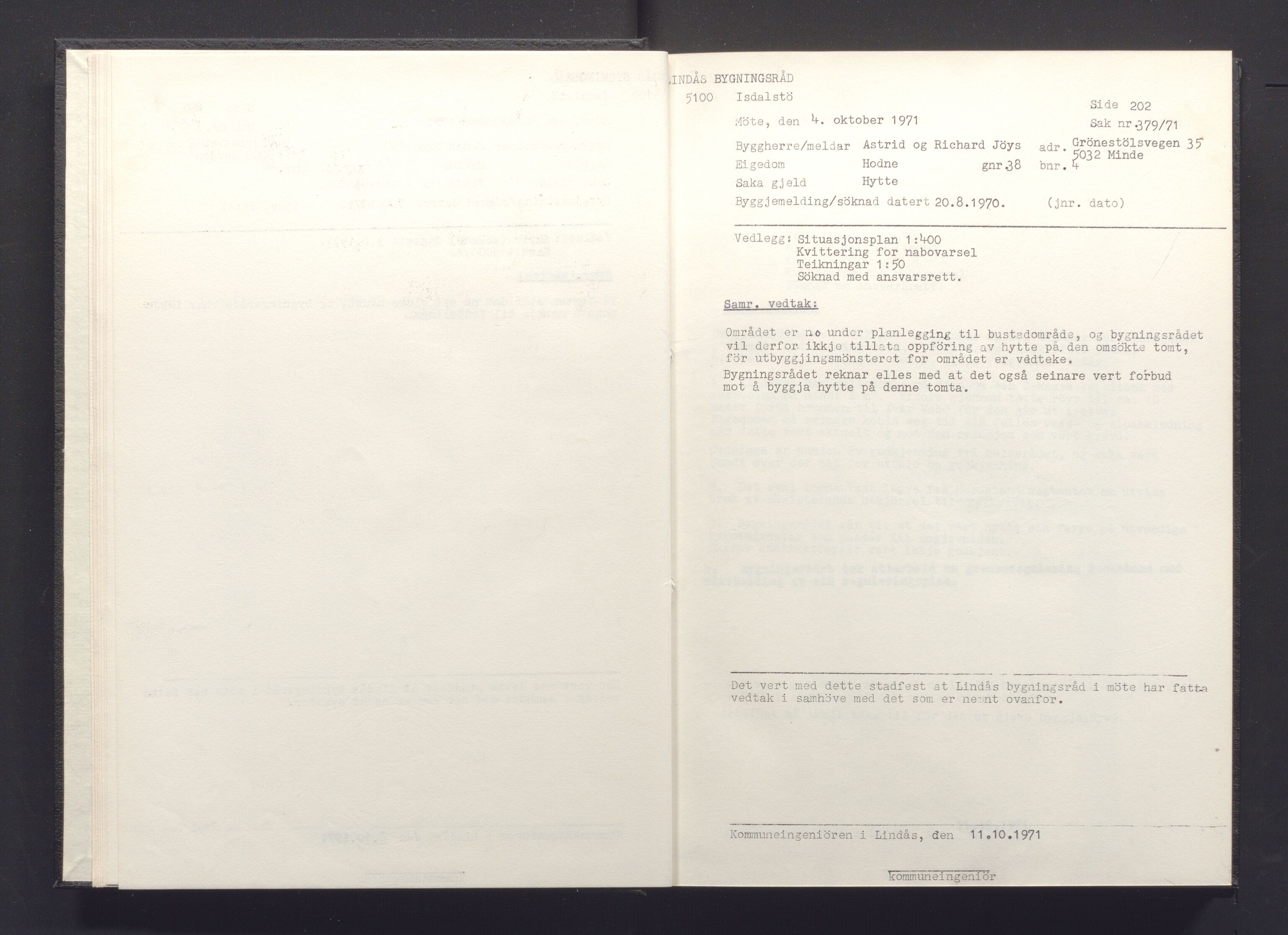 Lindås kommune. Bygningsrådet, IKAH/1263-511/A/Aa/L0008: Møtebok for Lindås bygningsråd, 1971