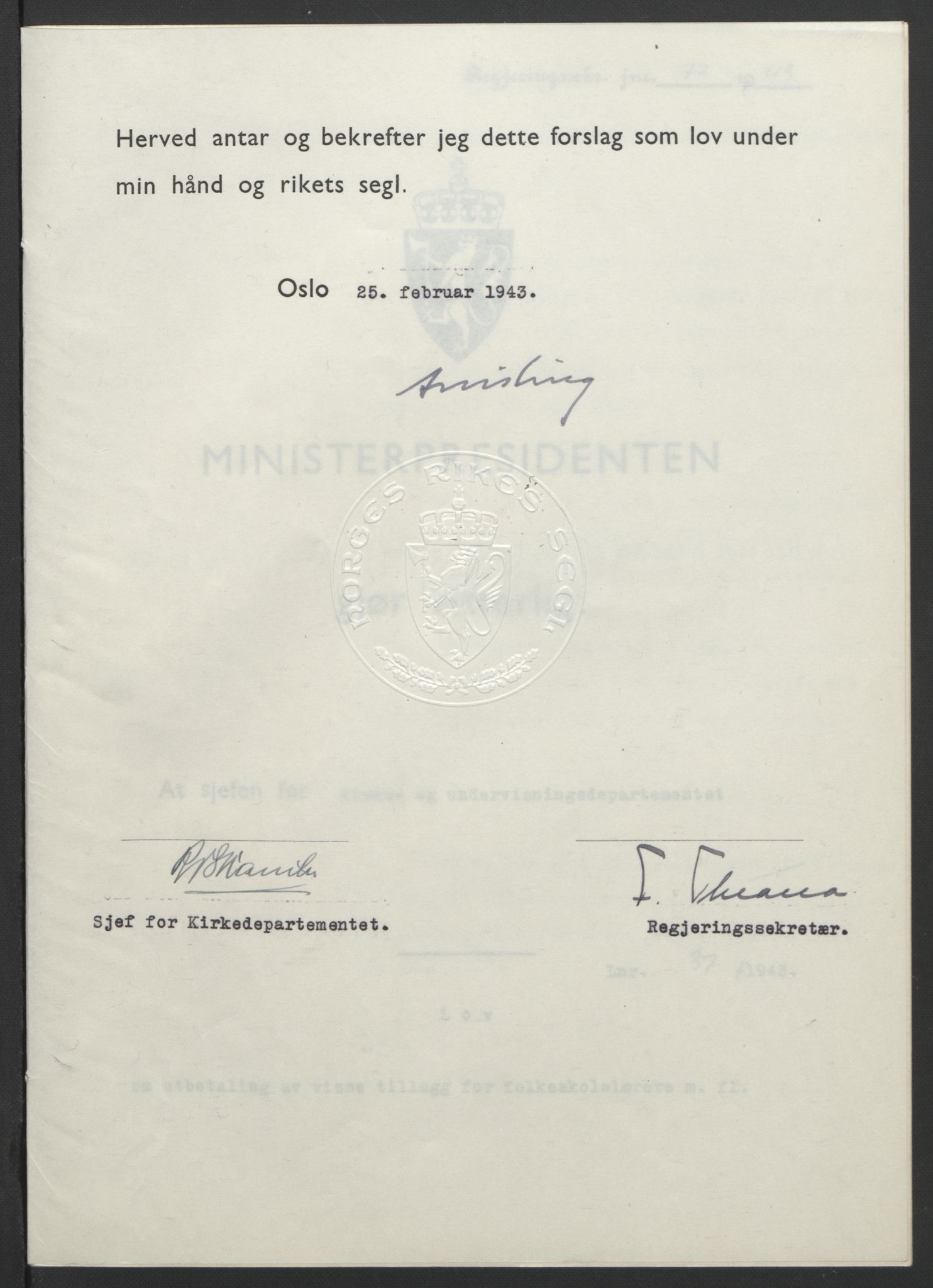 NS-administrasjonen 1940-1945 (Statsrådsekretariatet, de kommisariske statsråder mm), RA/S-4279/D/Db/L0099: Lover, 1943, s. 161