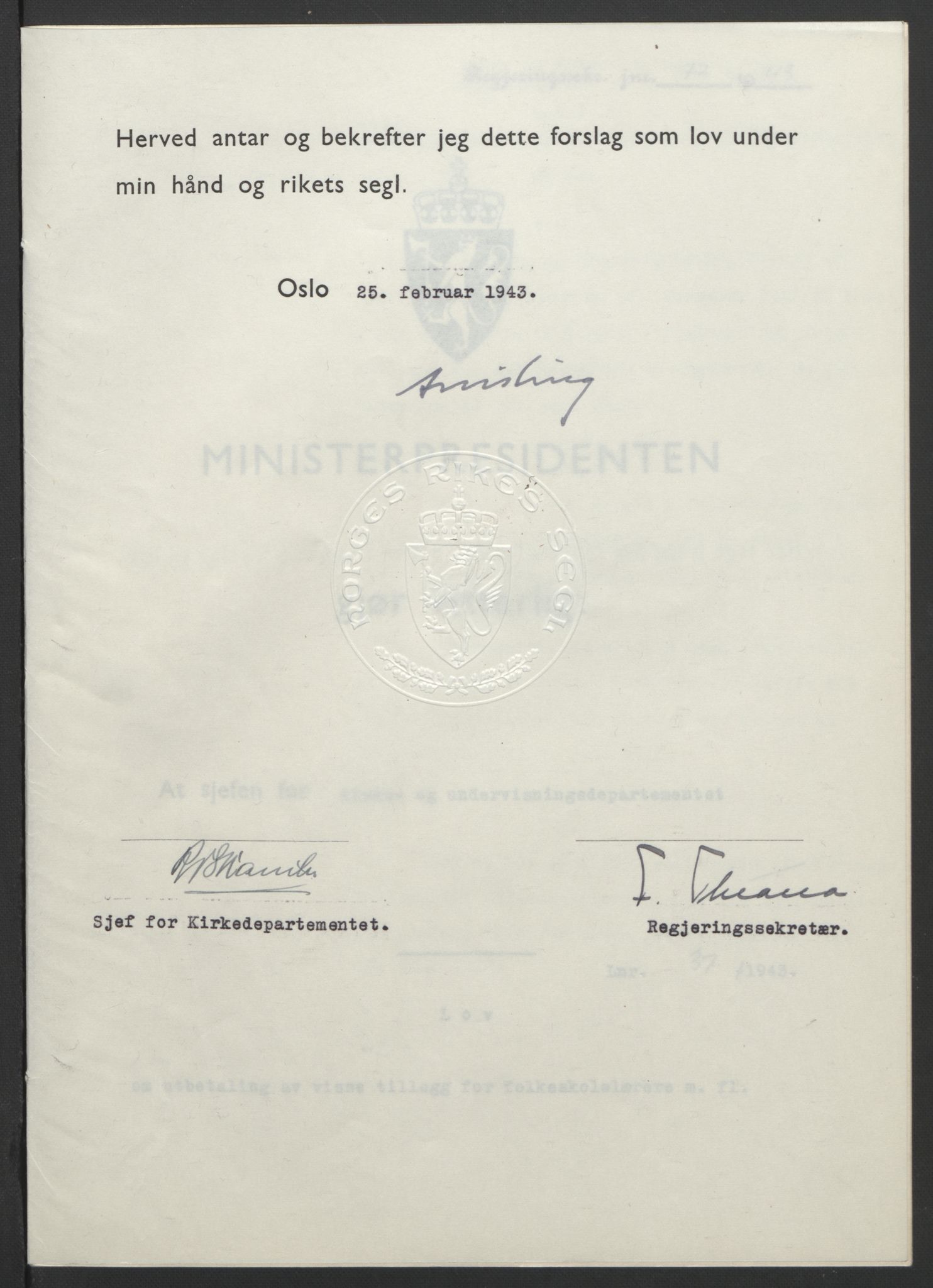 NS-administrasjonen 1940-1945 (Statsrådsekretariatet, de kommisariske statsråder mm), AV/RA-S-4279/D/Db/L0099: Lover, 1943, s. 161