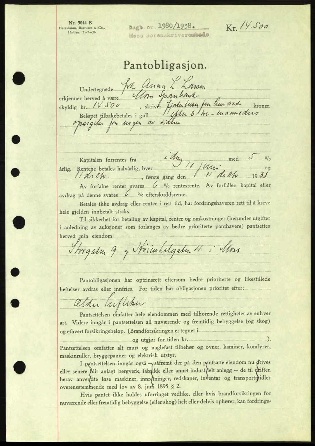 Moss sorenskriveri, SAO/A-10168: Pantebok nr. B6, 1938-1938, Dagboknr: 1980/1938