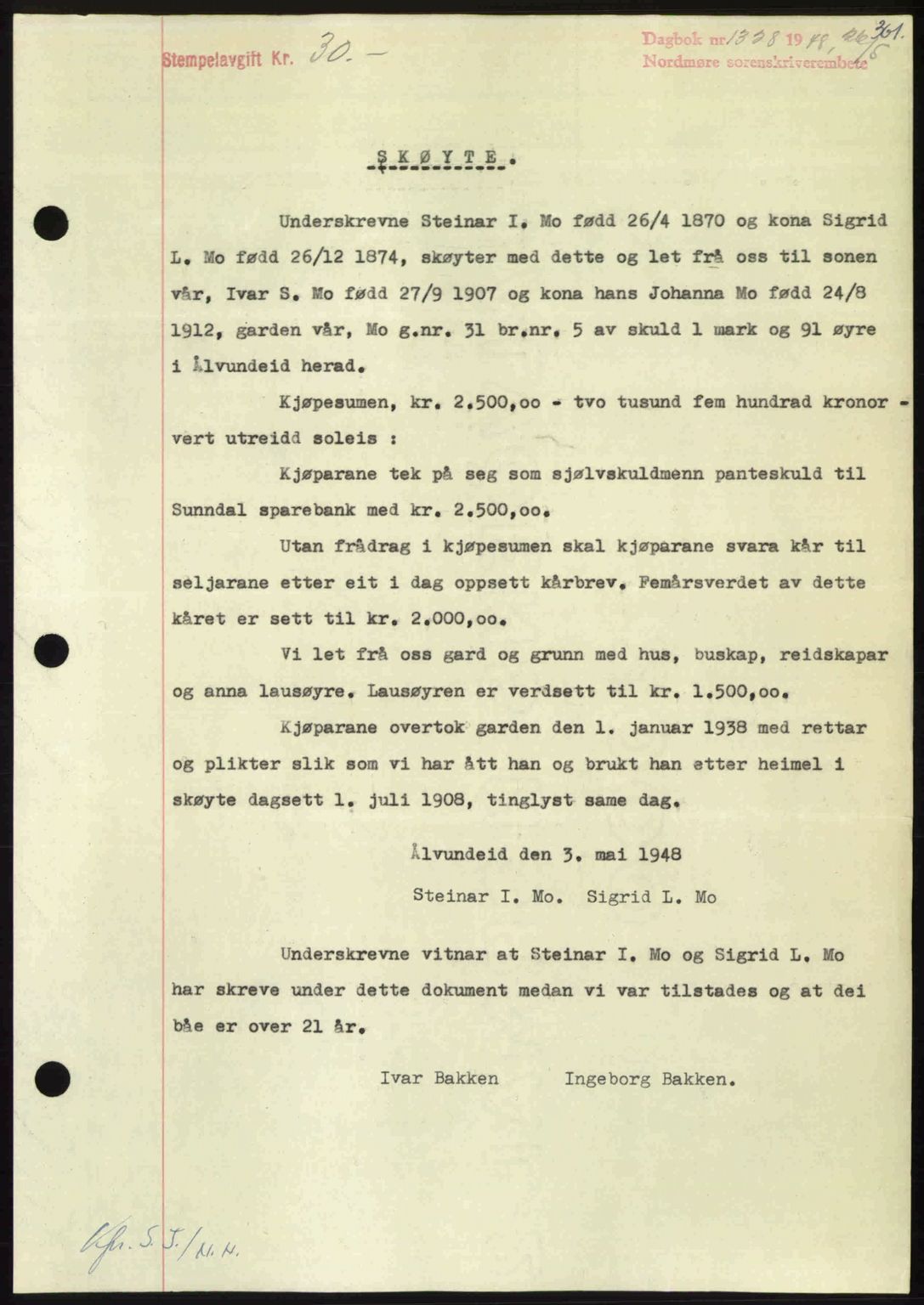 Nordmøre sorenskriveri, SAT/A-4132/1/2/2Ca: Pantebok nr. A108, 1948-1948, Dagboknr: 1328/1948