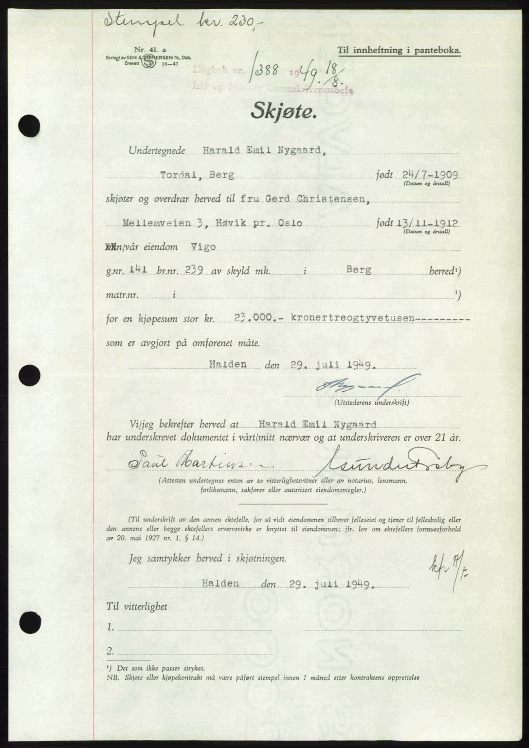 Idd og Marker sorenskriveri, SAO/A-10283/G/Gb/Gbb/L0012: Pantebok nr. A12, 1949-1949, Dagboknr: 1388/1949