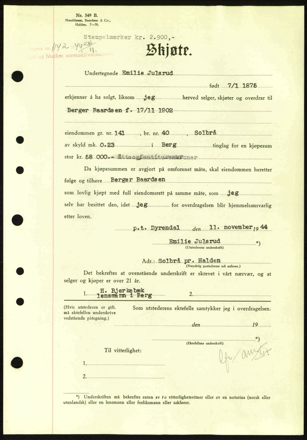 Idd og Marker sorenskriveri, AV/SAO-A-10283/G/Gb/Gbb/L0007: Pantebok nr. A7, 1944-1945, Dagboknr: 1142/1944