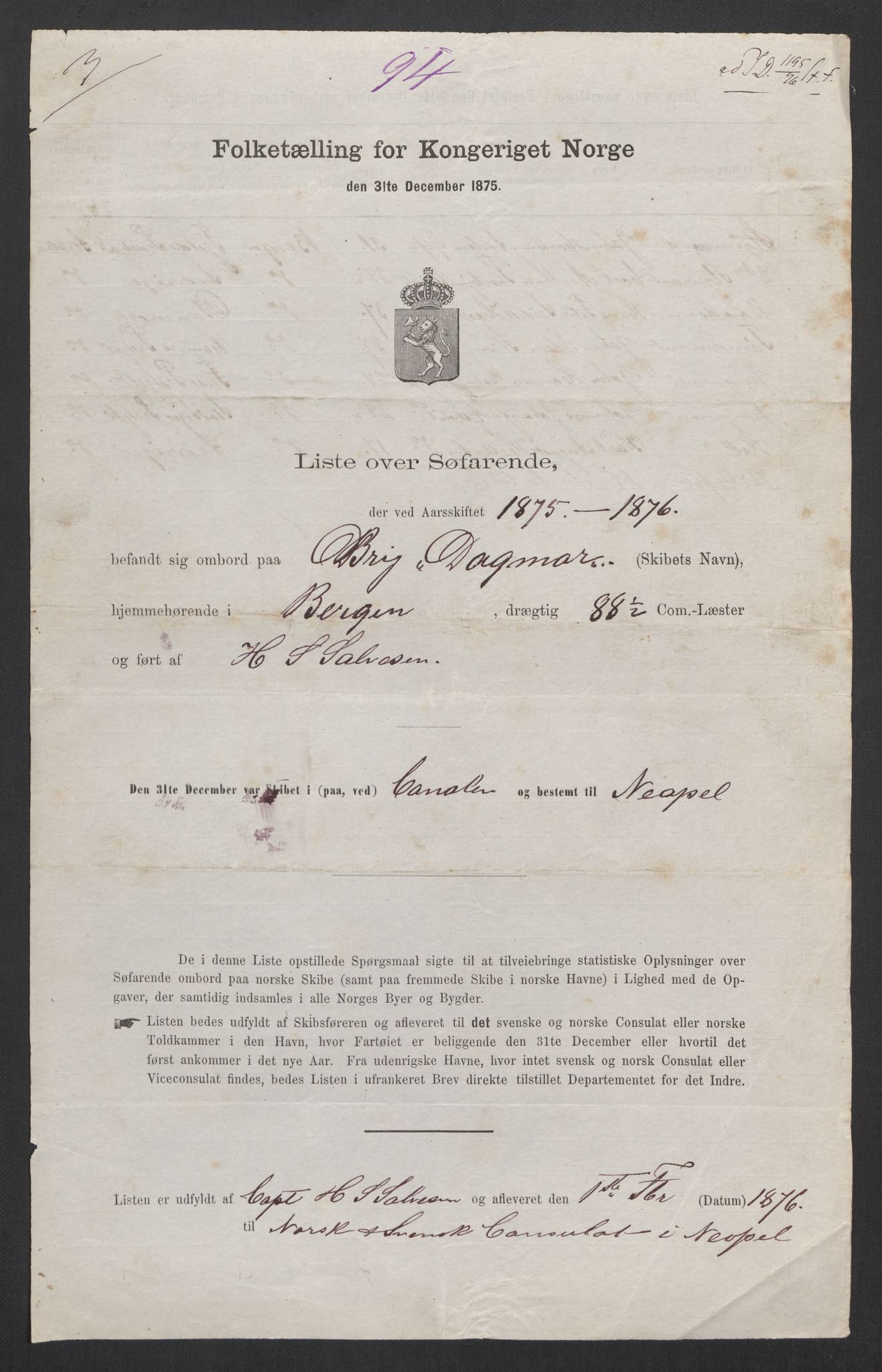 RA, Folketelling 1875, skipslister: Skip i utenrikske havner, hjemmehørende i 1) byer og ladesteder, Grimstad - Tromsø, 2) landdistrikter, 1875, s. 1003