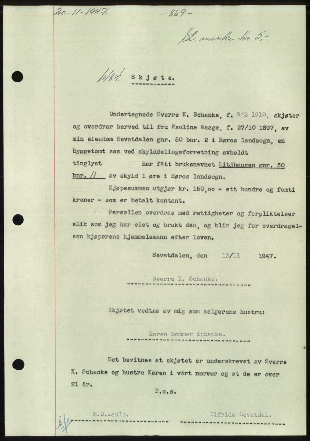 Gauldal sorenskriveri, SAT/A-0014/1/2/2C: Pantebok nr. A5, 1947-1948, Dagboknr: 1484/1947