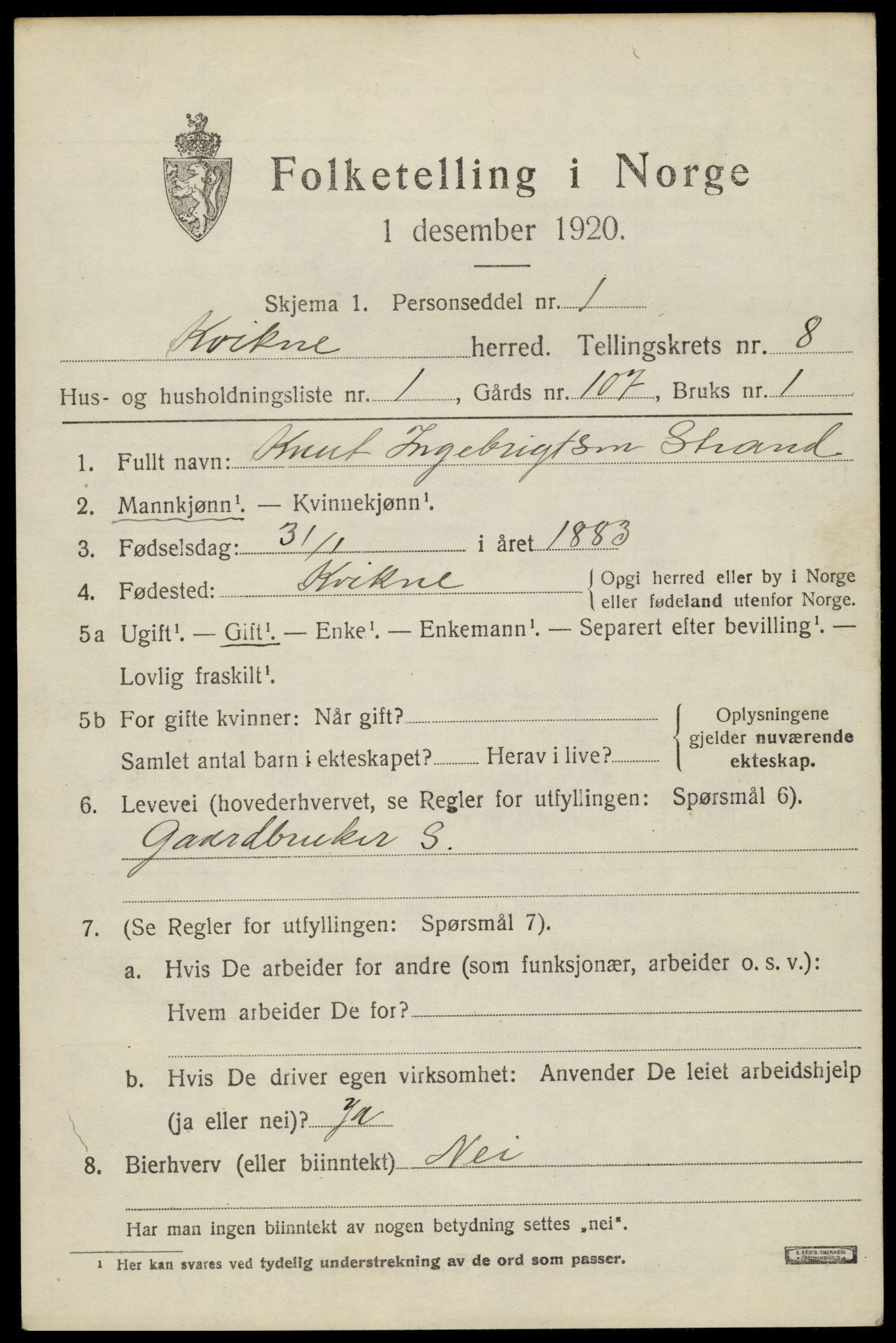 SAH, Folketelling 1920 for 0440 Kvikne herred, 1920, s. 3316