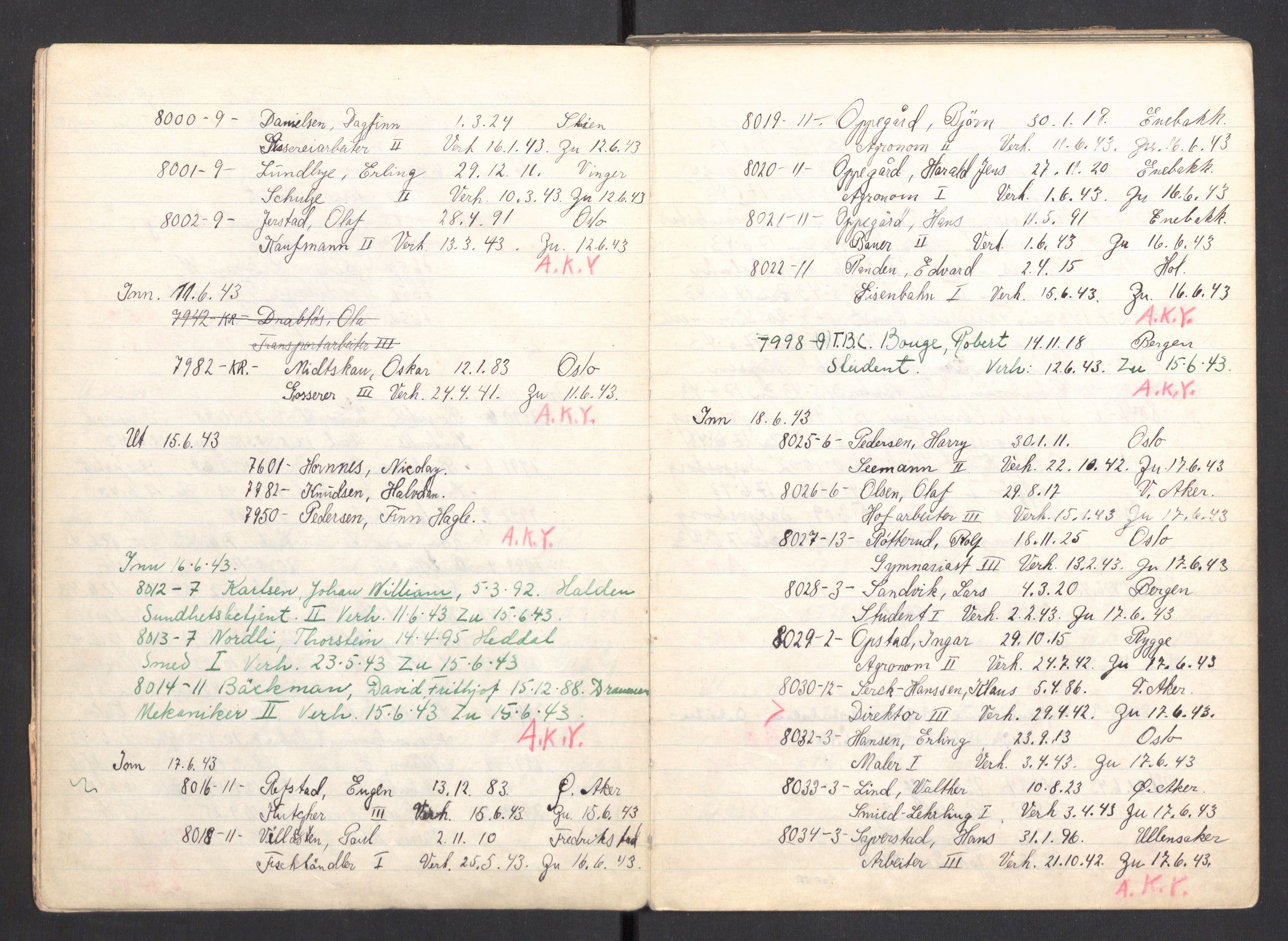 Befehlshaber der Sicherheitspolizei und des SD, AV/RA-RAFA-5969/F/Fa/Faa/L0017: Fortegnelse over innkomne fanger og fanger som er sendt bort fra leiren, 1943-1944