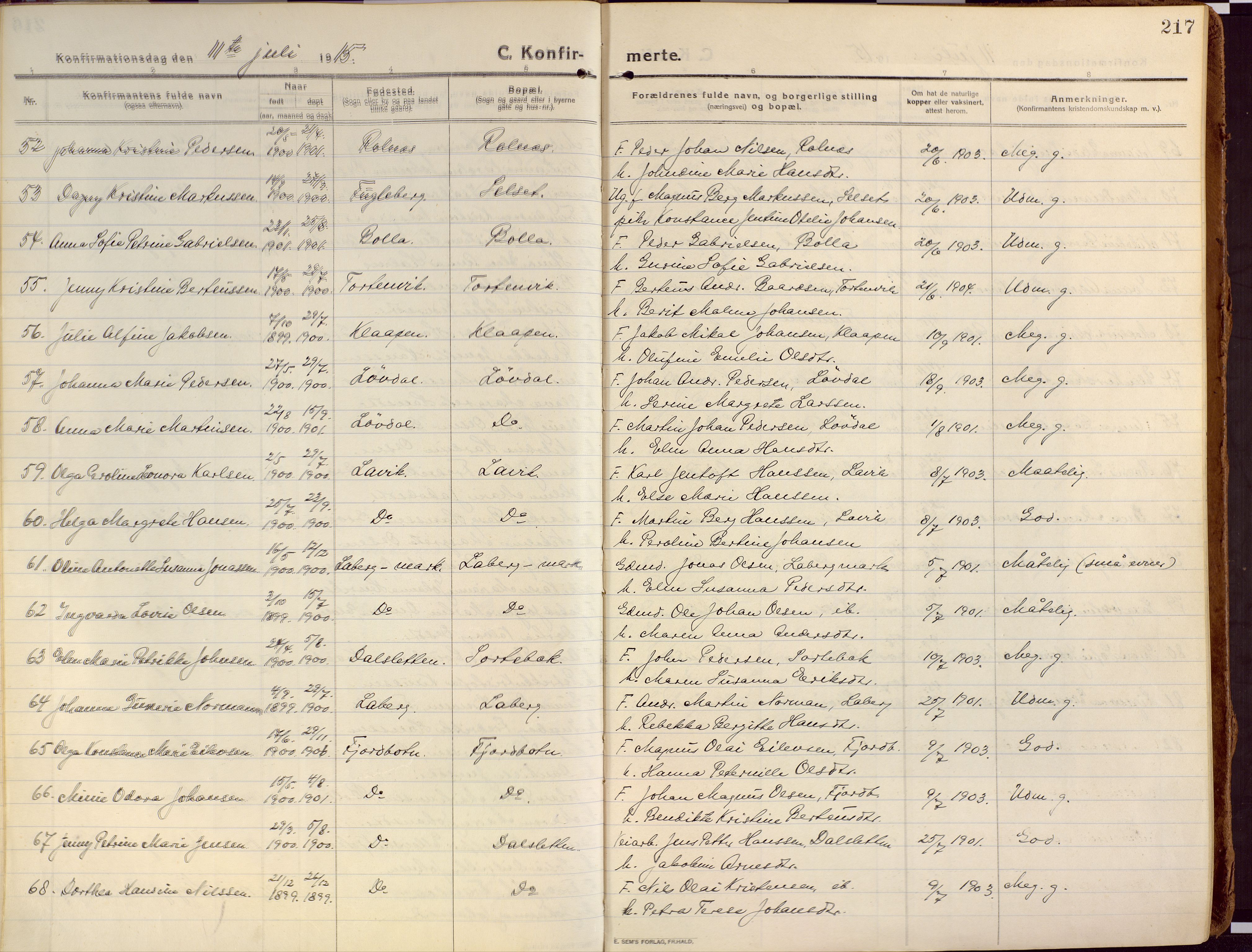 Ibestad sokneprestembete, AV/SATØ-S-0077/H/Ha/Haa/L0018kirke: Ministerialbok nr. 18, 1915-1929, s. 217