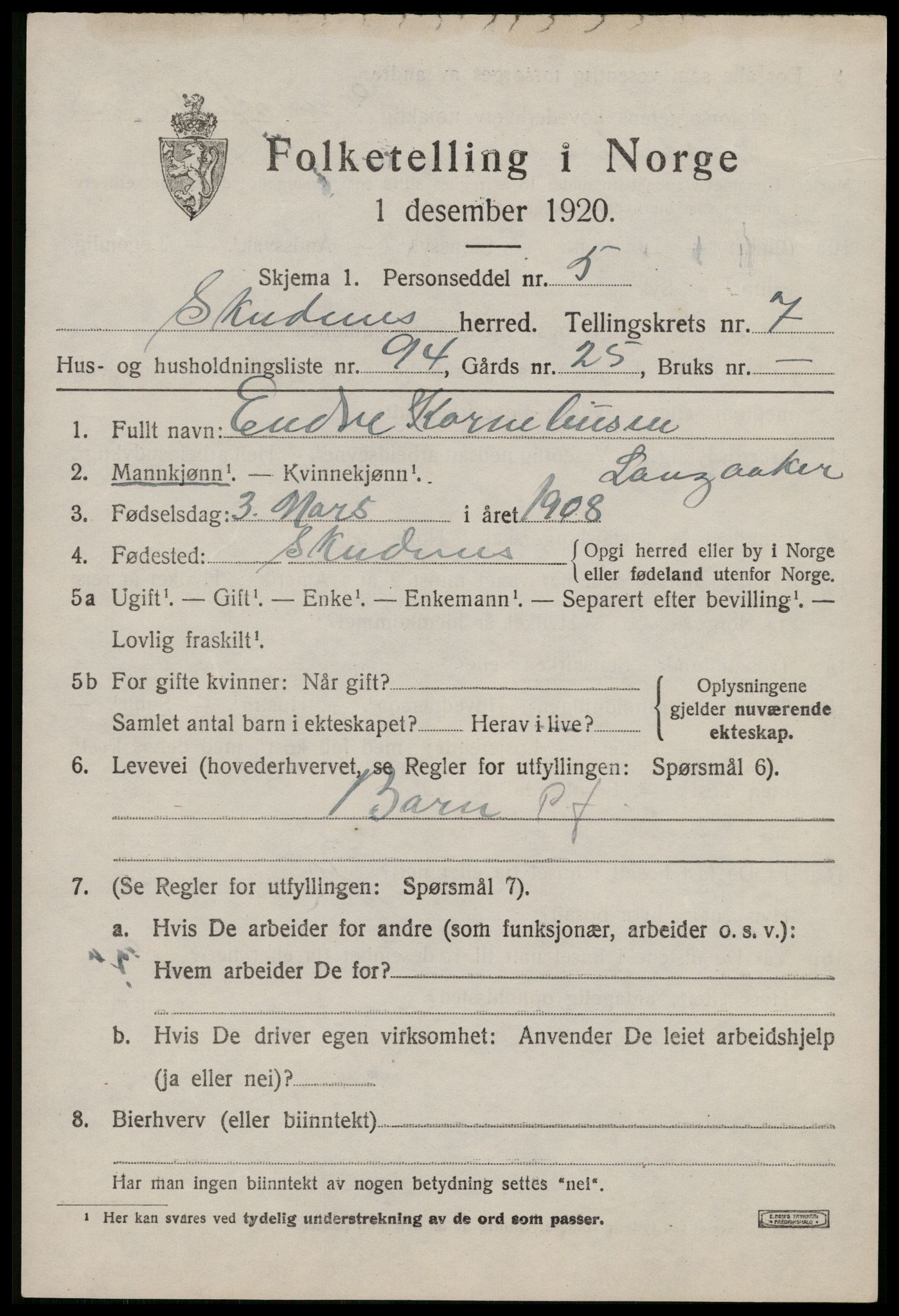SAST, Folketelling 1920 for 1150 Skudenes herred, 1920, s. 6624