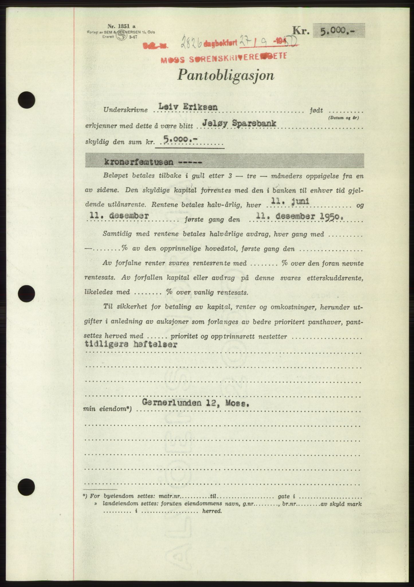 Moss sorenskriveri, SAO/A-10168: Pantebok nr. B25, 1950-1950, Dagboknr: 2826/1950