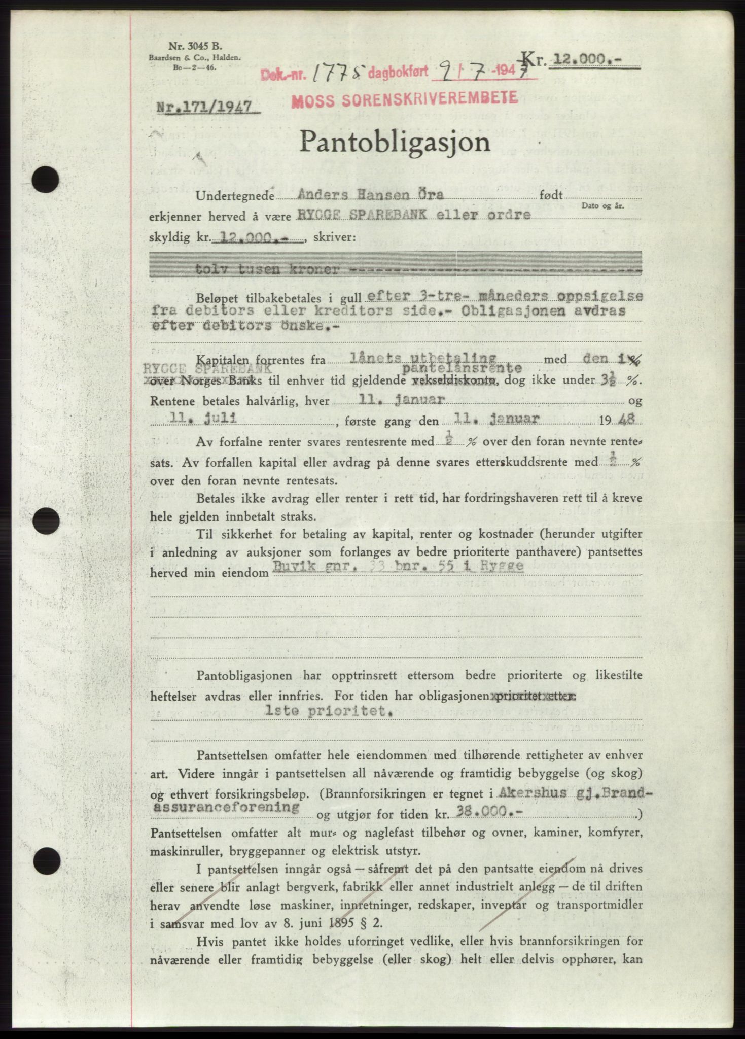 Moss sorenskriveri, SAO/A-10168: Pantebok nr. B17, 1947-1947, Dagboknr: 1775/1947