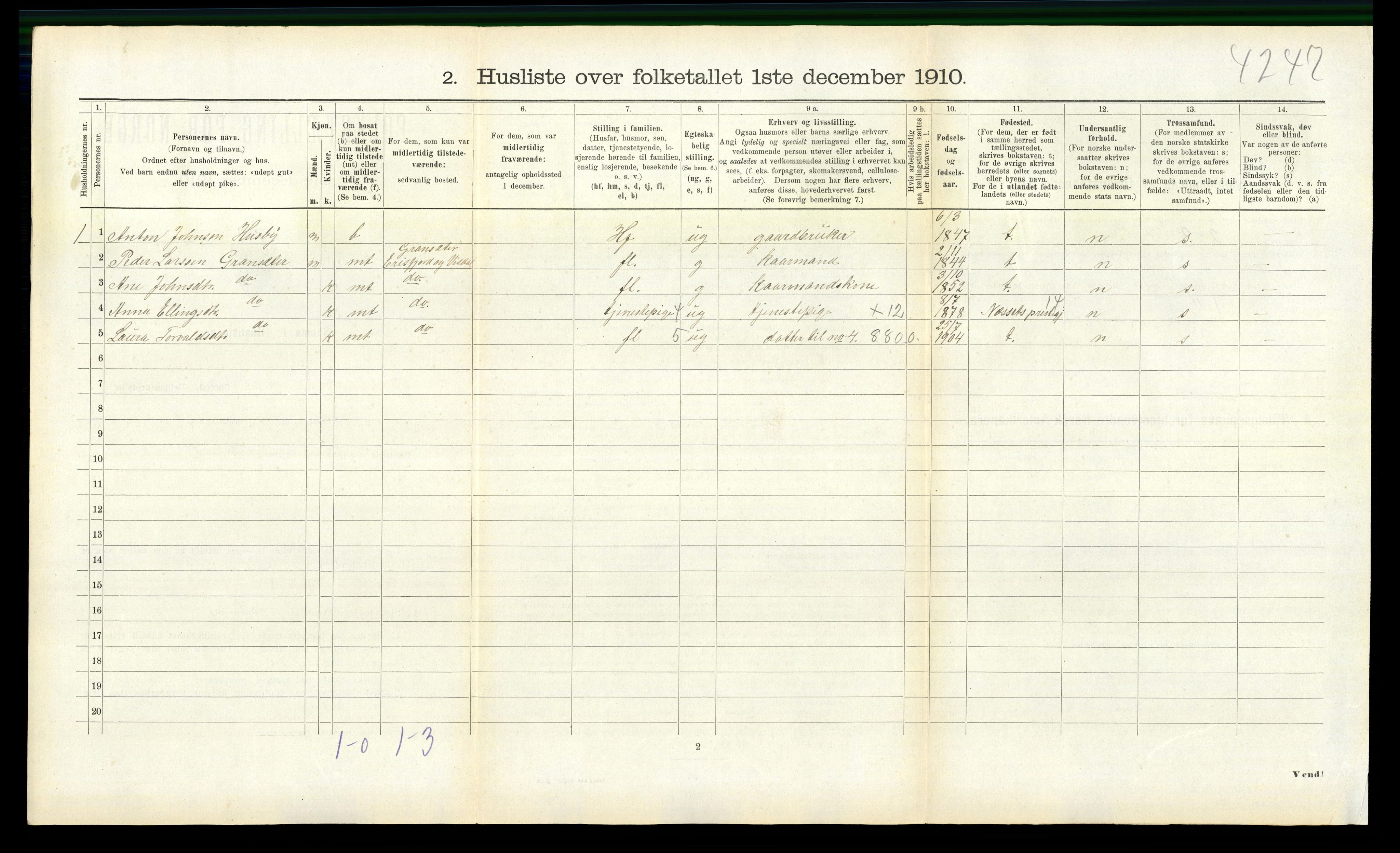 RA, Folketelling 1910 for 1542 Eresfjord og Vistdal herred, 1910, s. 346