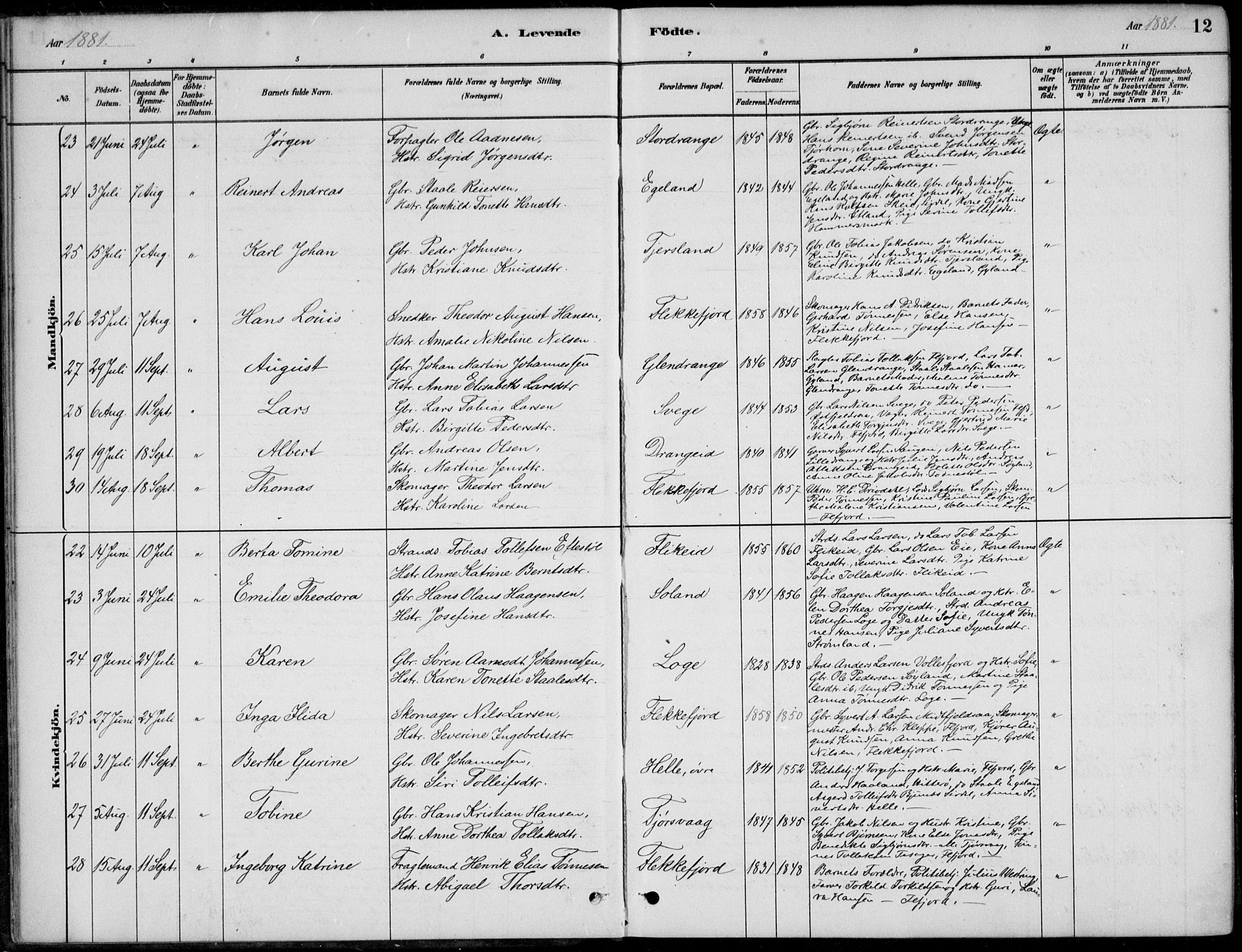 Flekkefjord sokneprestkontor, AV/SAK-1111-0012/F/Fb/Fbc/L0007: Klokkerbok nr. B 7, 1880-1902, s. 12