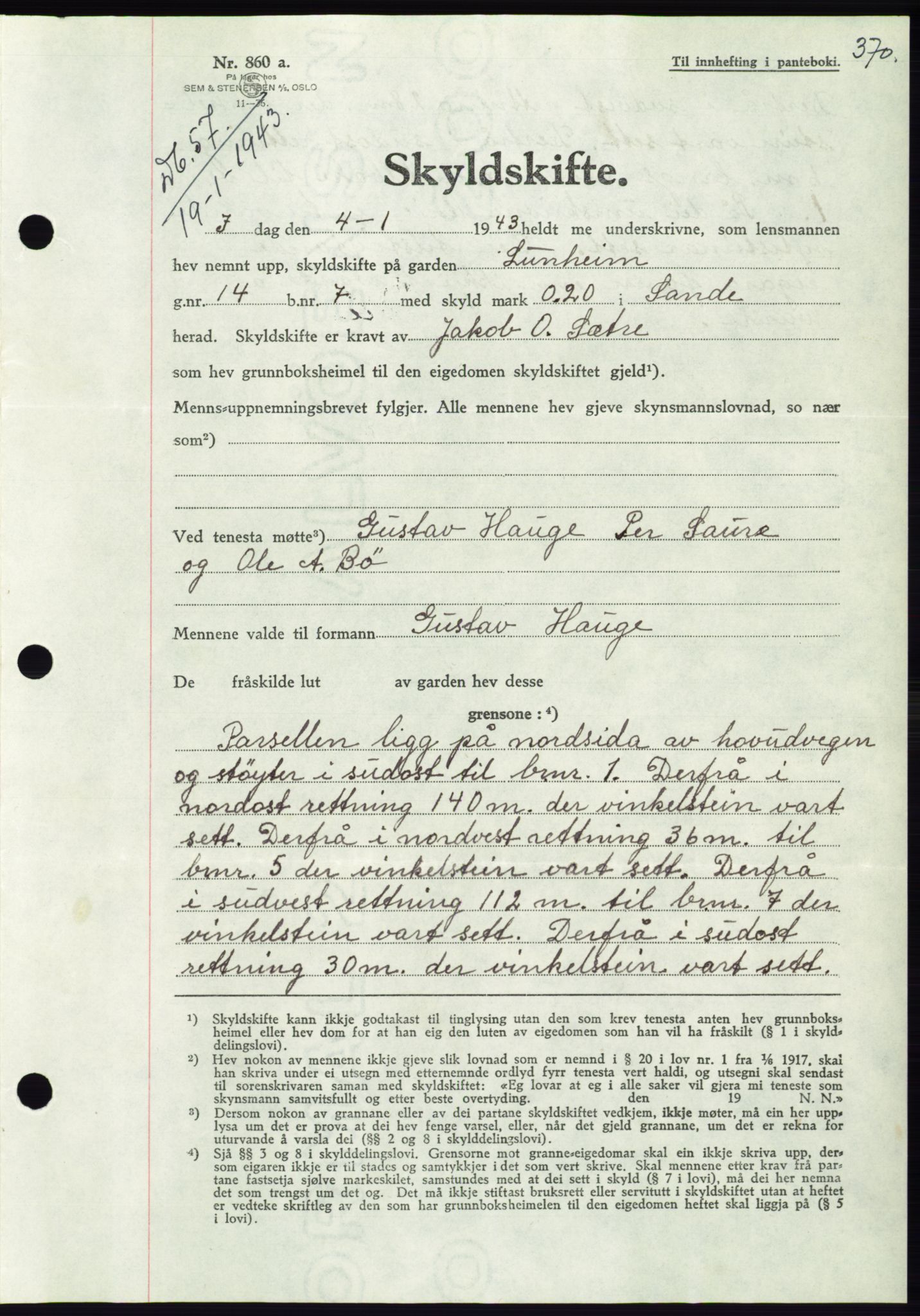 Søre Sunnmøre sorenskriveri, SAT/A-4122/1/2/2C/L0074: Pantebok nr. 68, 1942-1943, Dagboknr: 57/1943