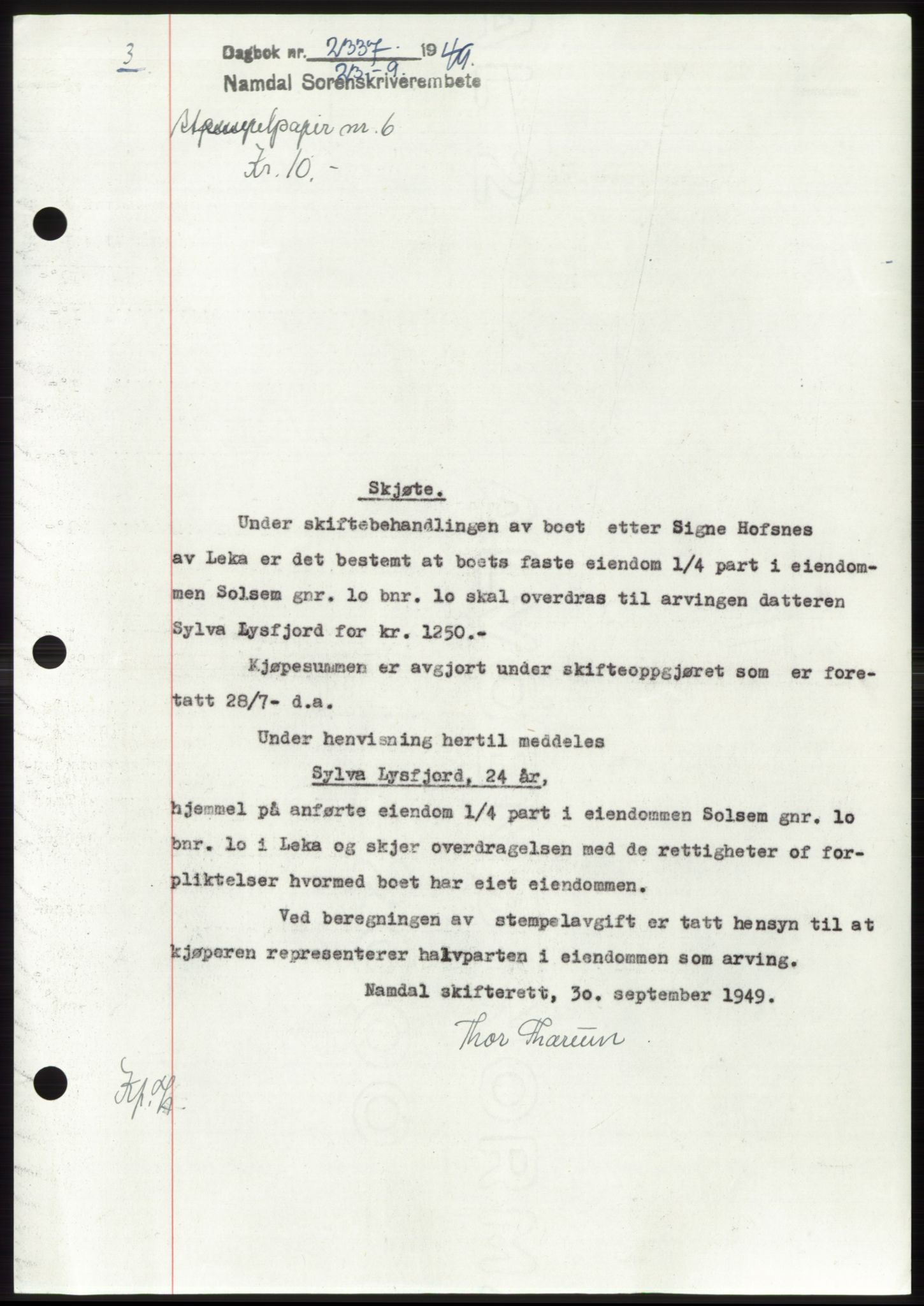 Namdal sorenskriveri, SAT/A-4133/1/2/2C: Pantebok nr. -, 1949-1949, Dagboknr: 2337/1949