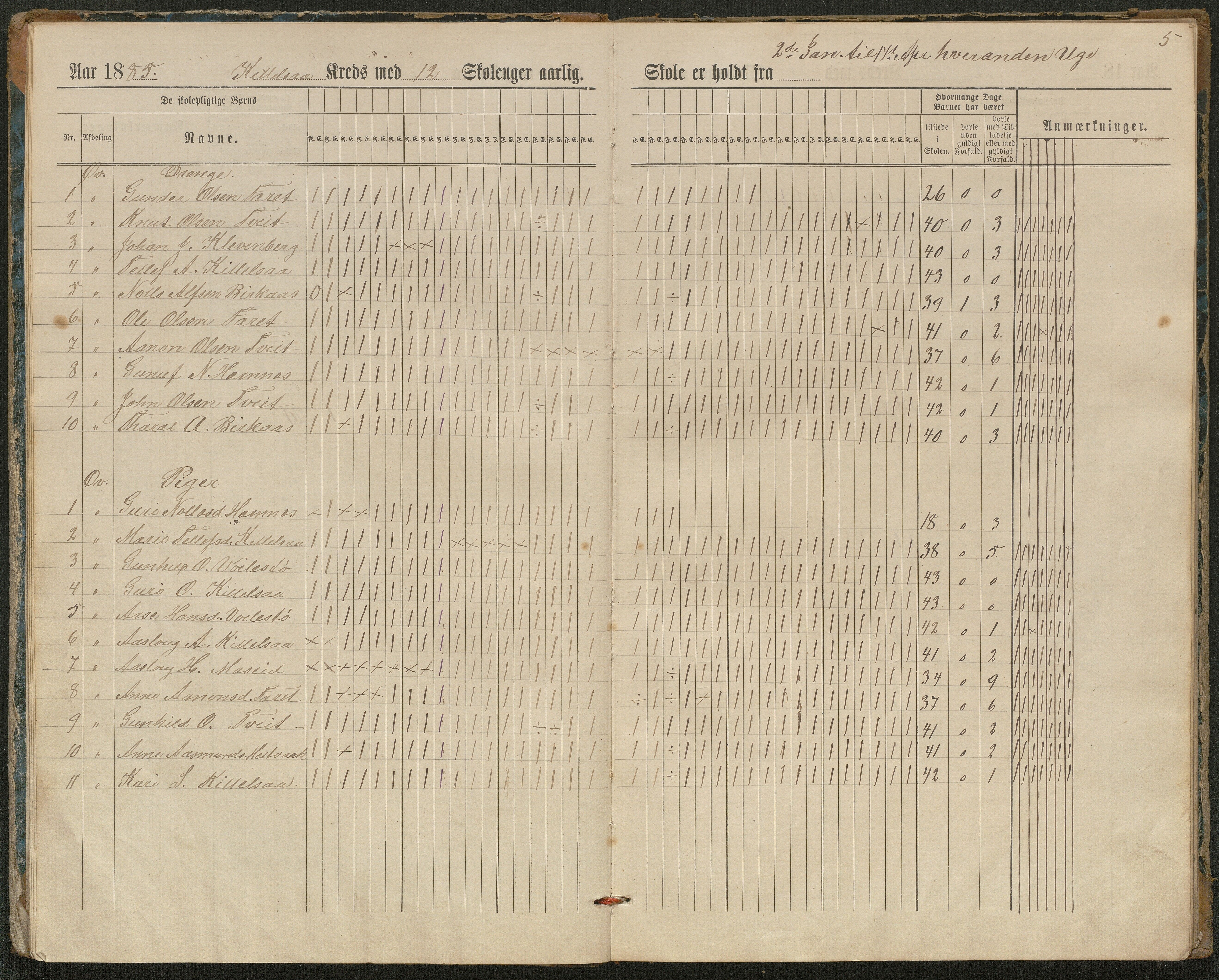 Hornnes kommune, Kjetså, Fennefoss skolekrets, AAKS/KA0936-550c/F1/L0002: Skoleprotokoll. Kjetså og Fennefoss, 1884-1896, s. 5