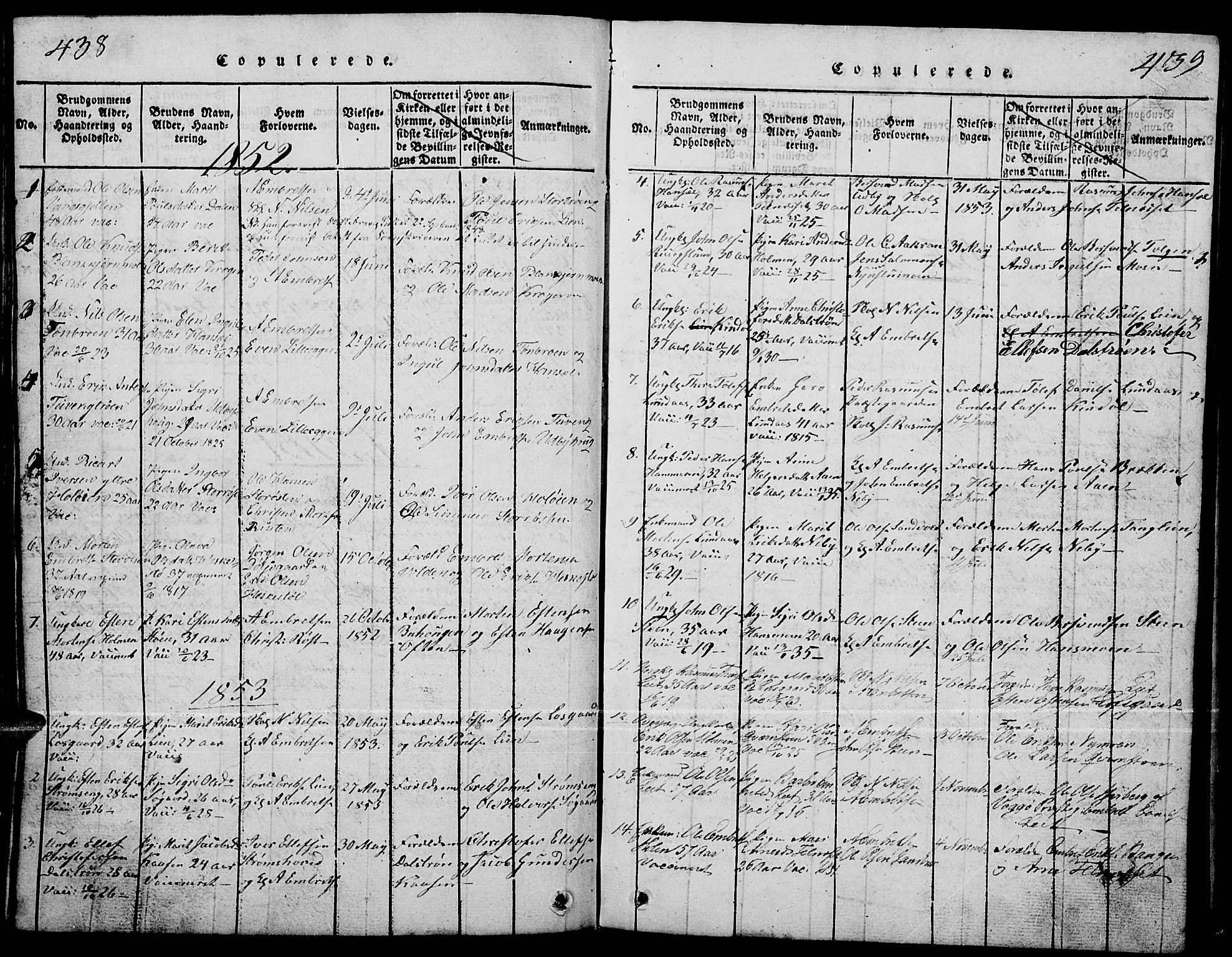 Tynset prestekontor, AV/SAH-PREST-058/H/Ha/Hab/L0001: Klokkerbok nr. 1, 1814-1859, s. 438-439