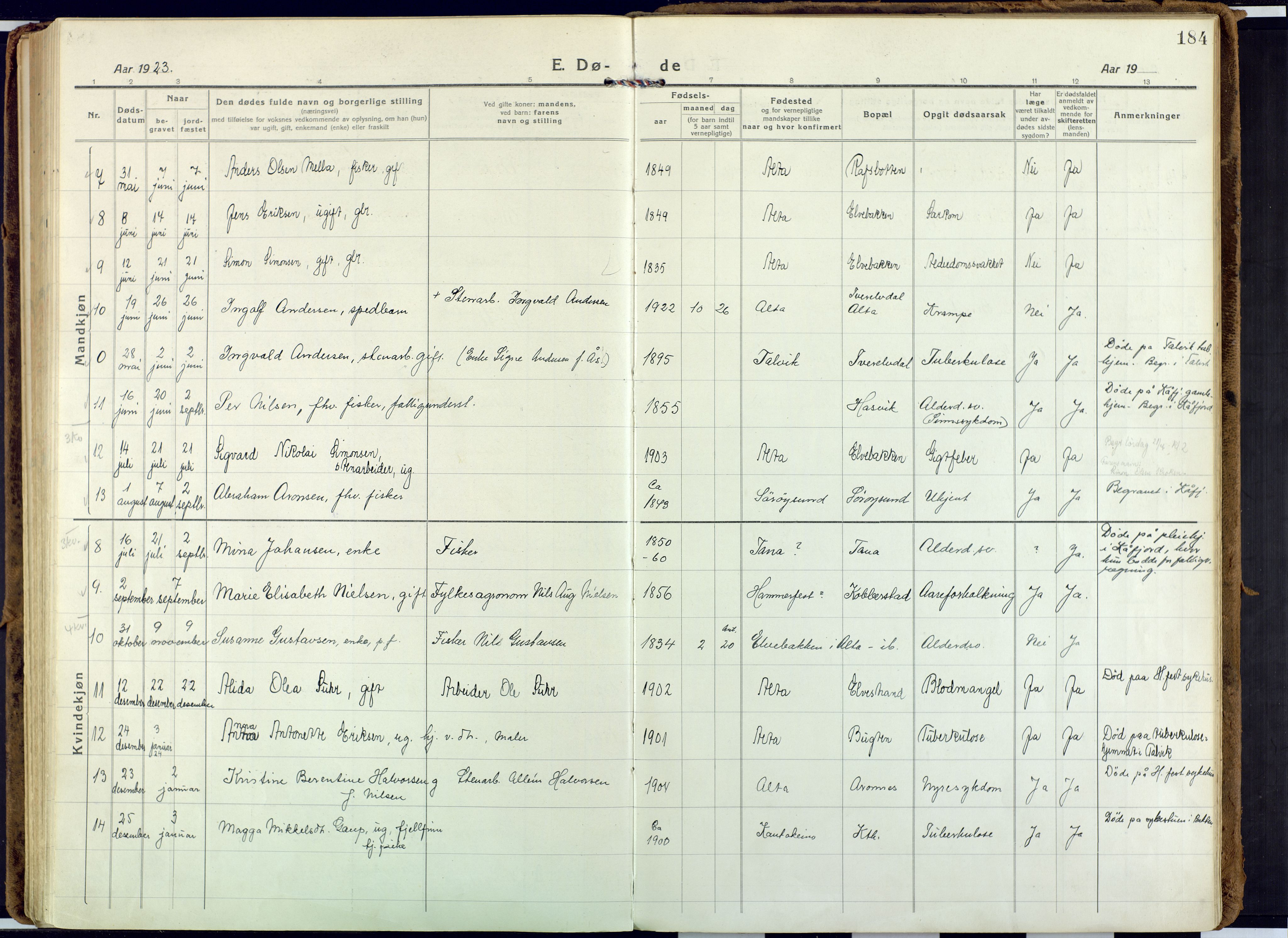 Alta sokneprestkontor, AV/SATØ-S-1338/H/Ha: Ministerialbok nr. 6, 1918-1931, s. 184