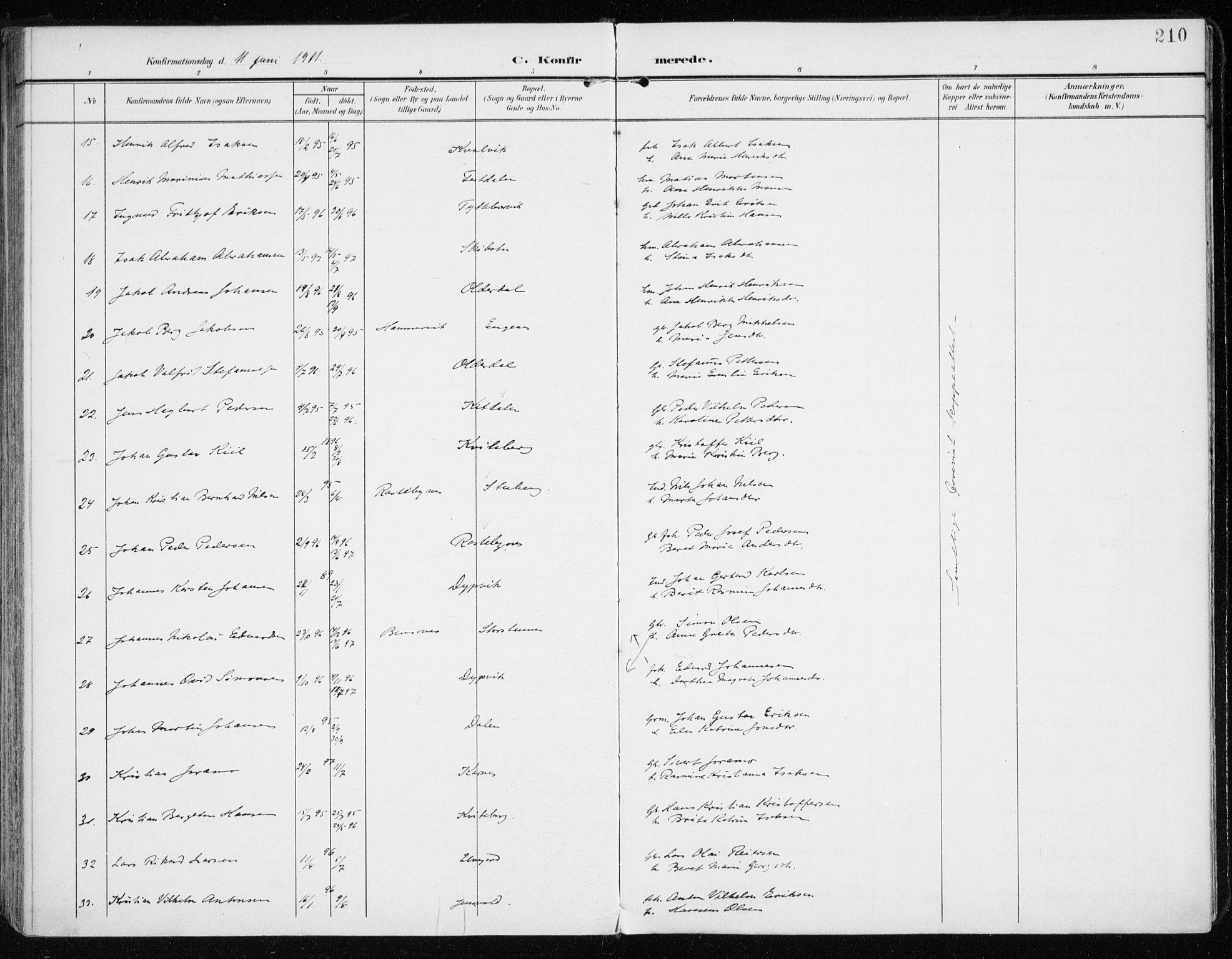 Lyngen sokneprestembete, AV/SATØ-S-1289/H/He/Hea/L0011kirke: Ministerialbok nr. 11, 1903-1913, s. 210