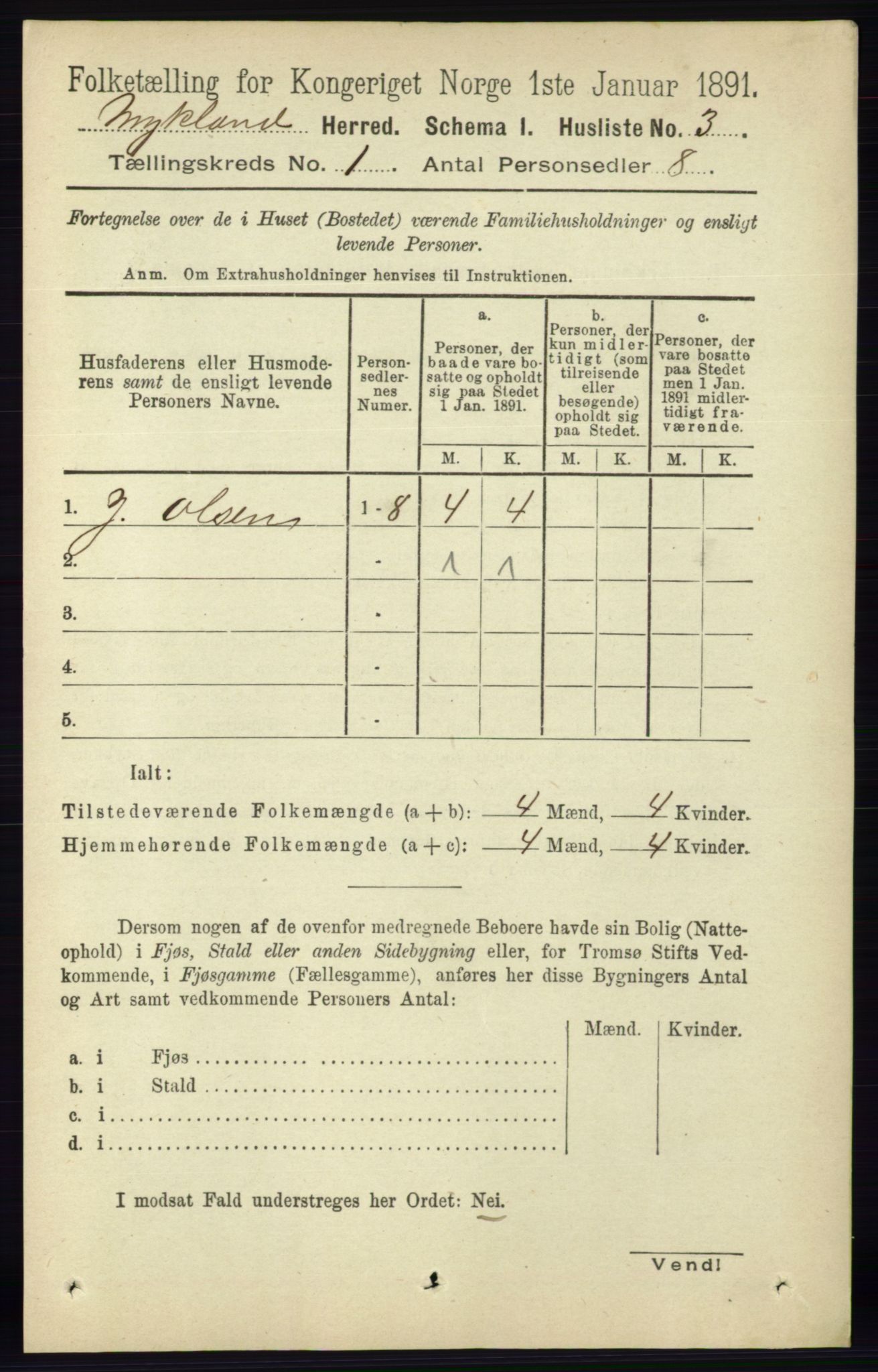 RA, Folketelling 1891 for 0932 Mykland herred, 1891, s. 14