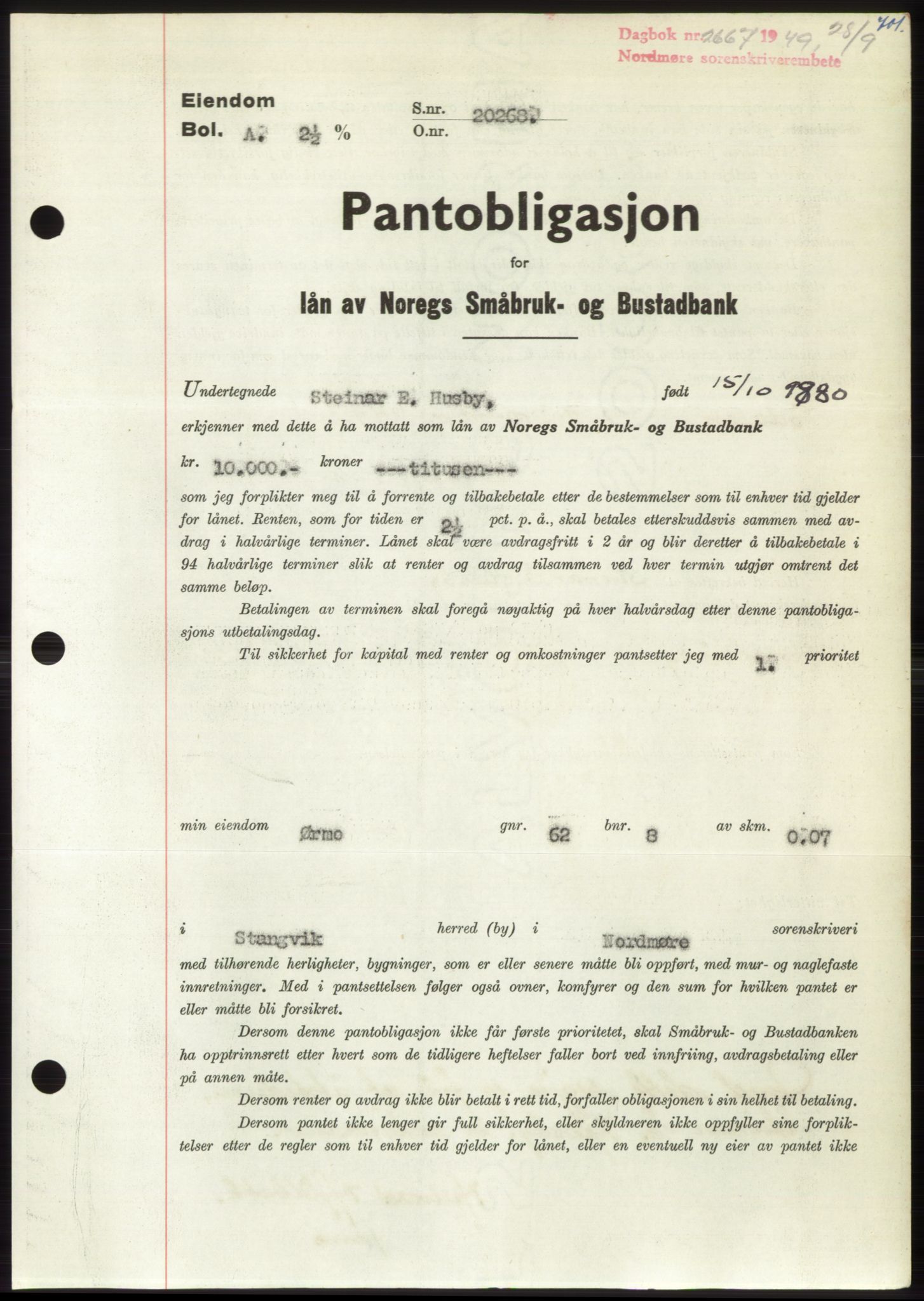 Nordmøre sorenskriveri, SAT/A-4132/1/2/2Ca: Pantebok nr. B102, 1949-1949, Dagboknr: 2667/1949