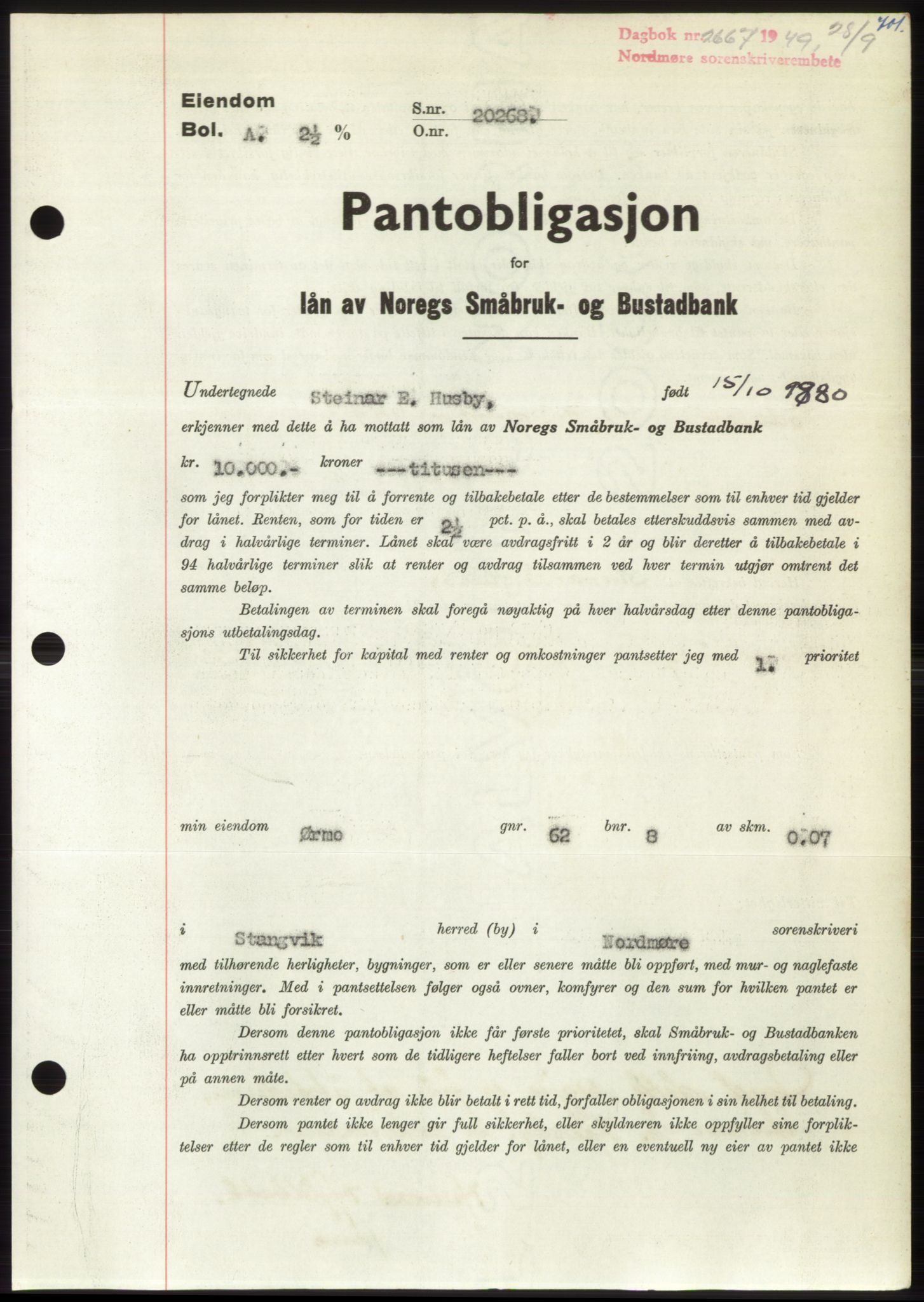 Nordmøre sorenskriveri, AV/SAT-A-4132/1/2/2Ca: Pantebok nr. B102, 1949-1949, Dagboknr: 2667/1949