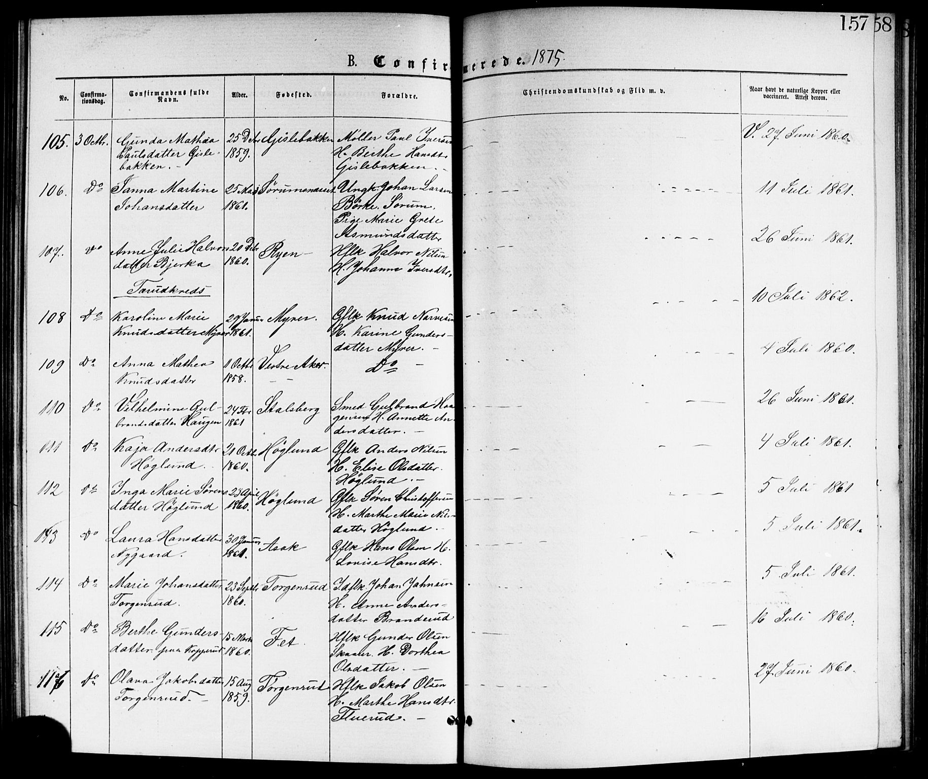 Skedsmo prestekontor Kirkebøker, AV/SAO-A-10033a/G/Ga/L0003: Klokkerbok nr. I 3, 1873-1882, s. 157