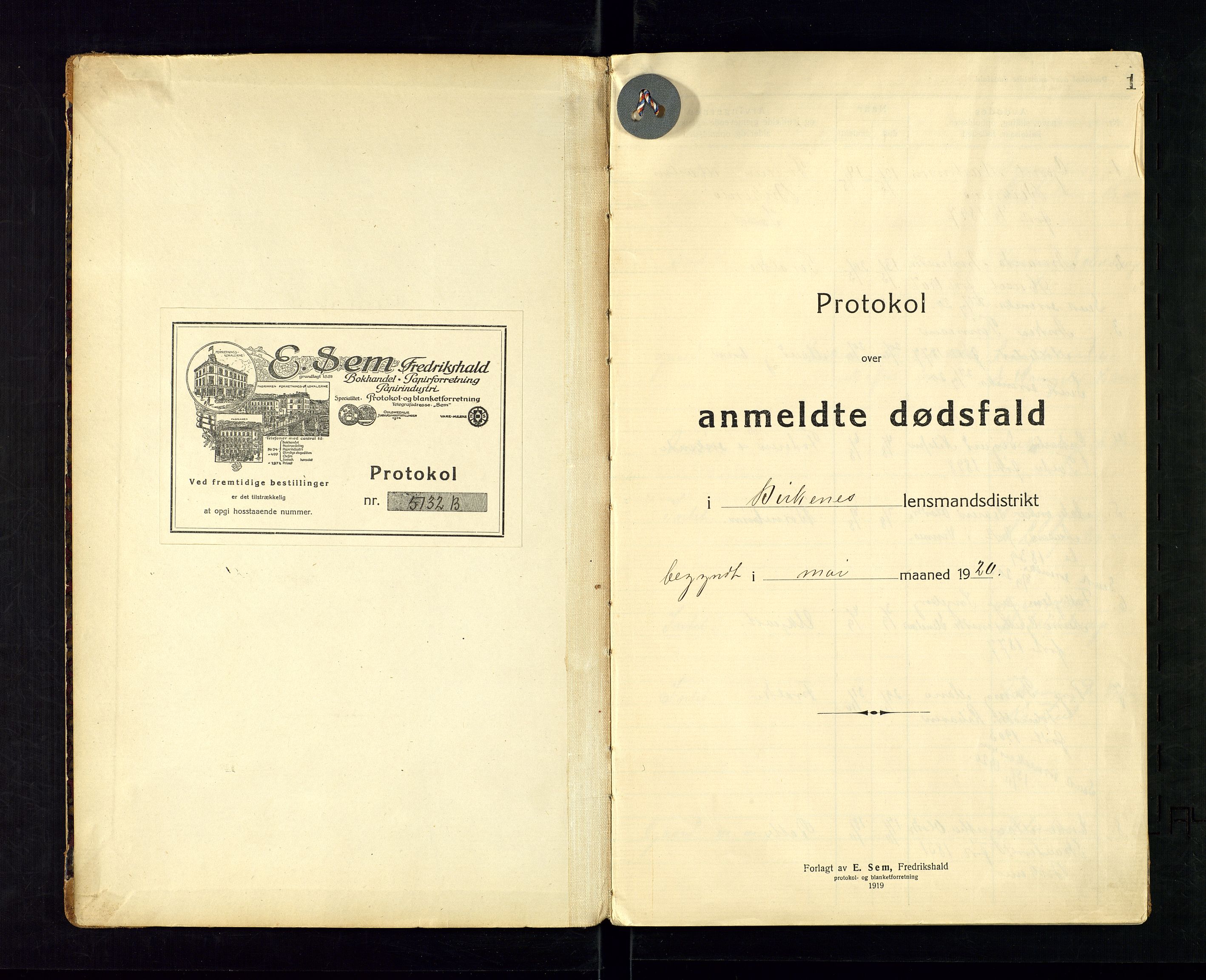 Birkenes lensmannskontor, AV/SAK-1241-0004/F/Fe/L0001/0002: Dødsfallsprotokoller / Dødsfallsprotokoll, 1920-1932, s. 1