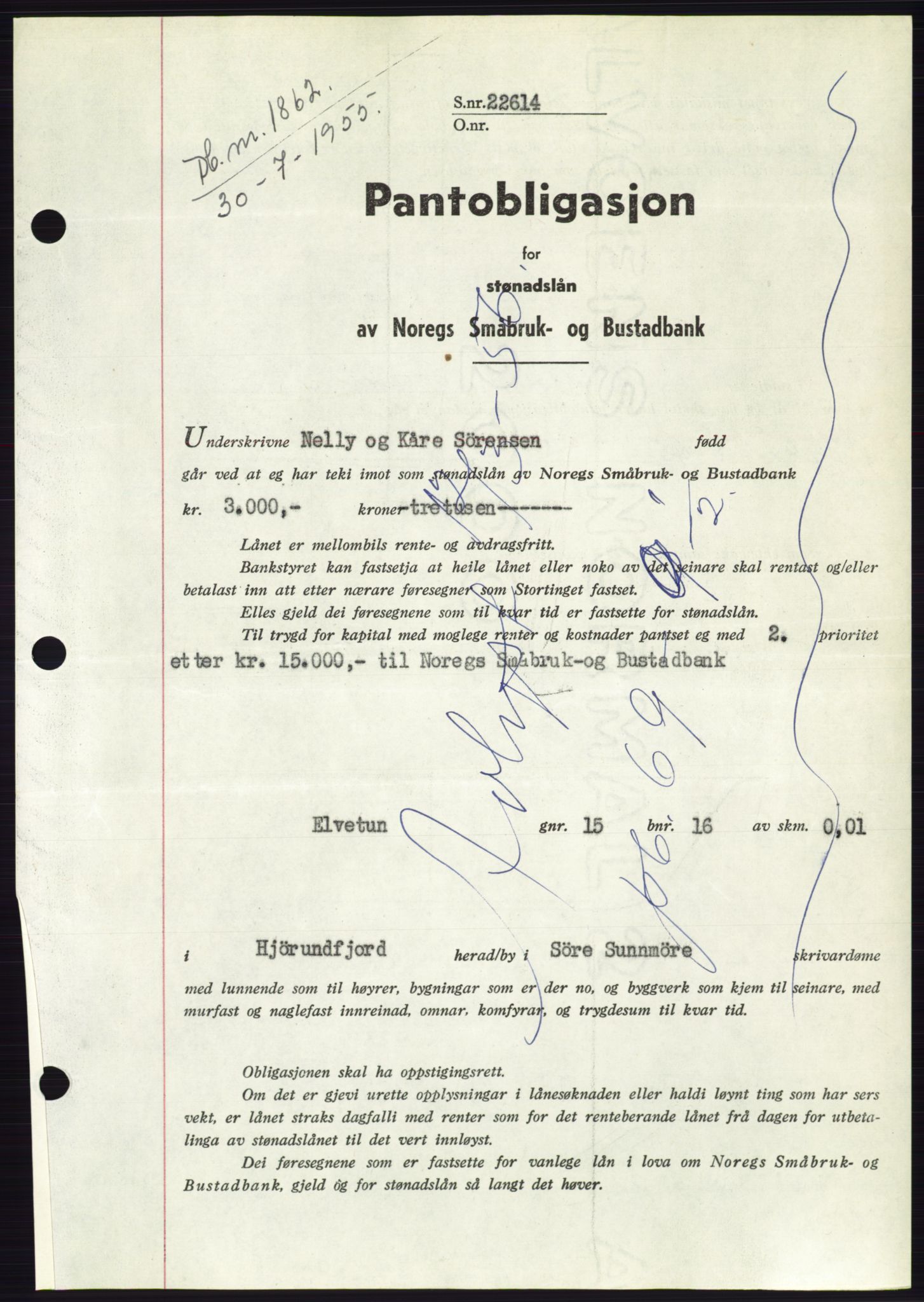 Søre Sunnmøre sorenskriveri, SAT/A-4122/1/2/2C/L0127: Pantebok nr. 15B, 1955-1955, Dagboknr: 1862/1955