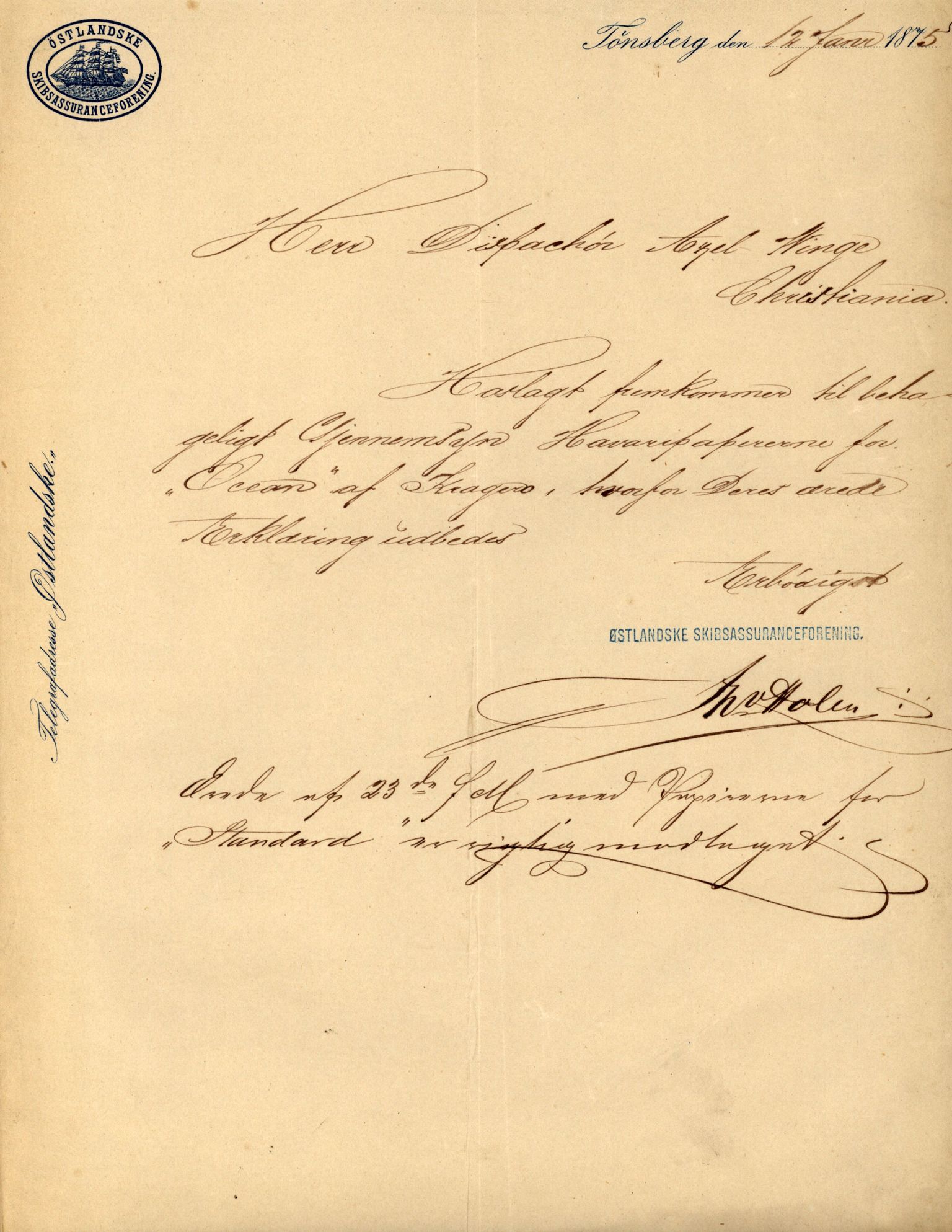 Pa 63 - Østlandske skibsassuranceforening, VEMU/A-1079/G/Ga/L0006/0024: Havaridokumenter / Ocean, 1874