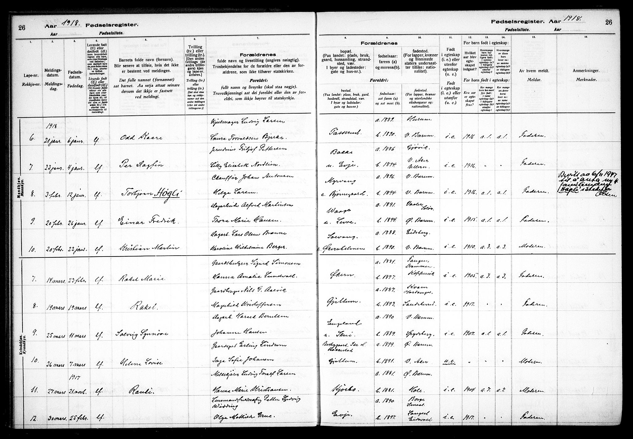 Vestre Bærum prestekontor Kirkebøker, AV/SAO-A-10209a/J/L0001: Fødselsregister nr. 1, 1916-1926, s. 26