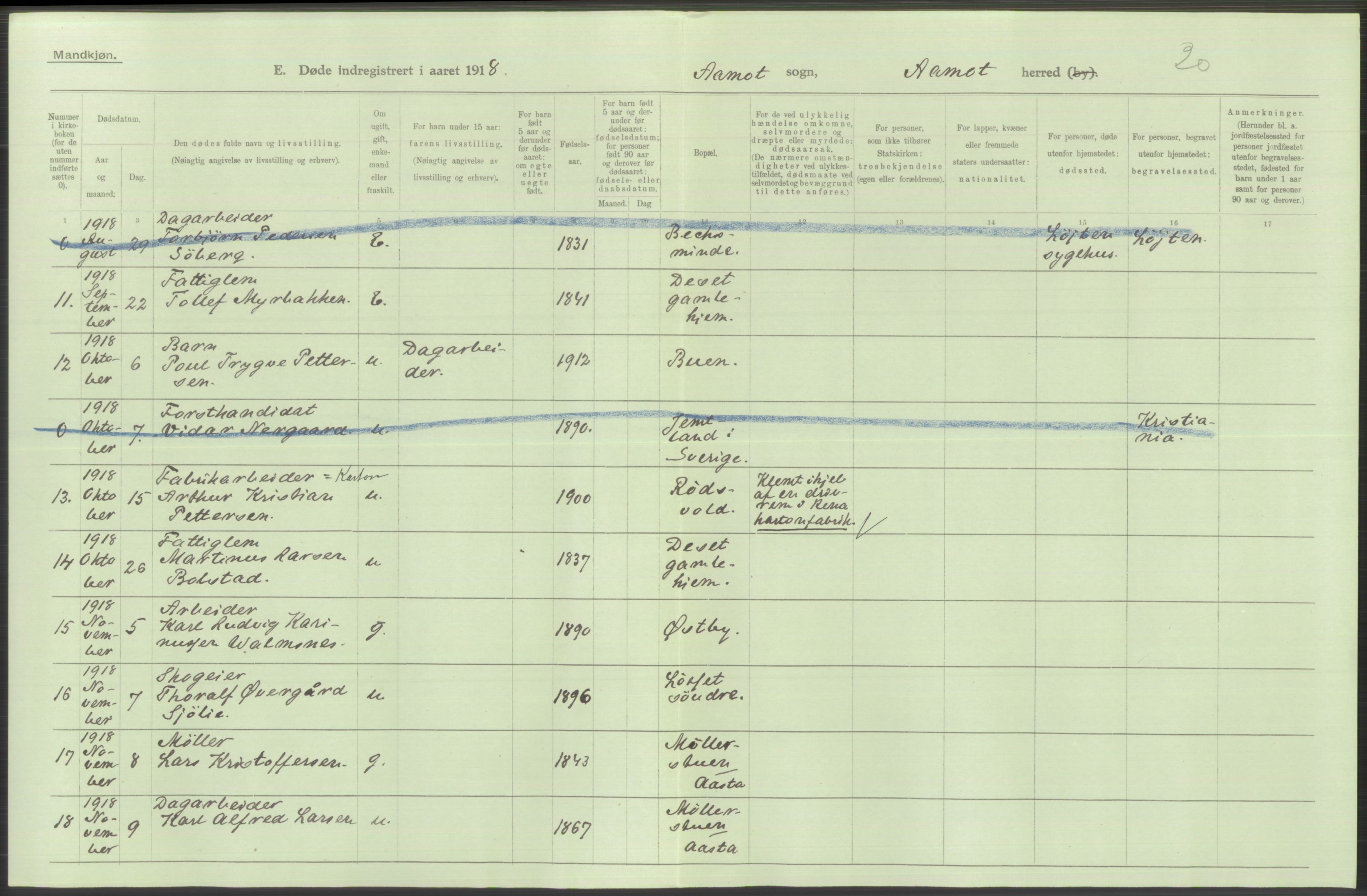 Statistisk sentralbyrå, Sosiodemografiske emner, Befolkning, AV/RA-S-2228/D/Df/Dfb/Dfbh/L0014: Hedemarkens fylke: Døde. Bygder og byer., 1918, s. 572