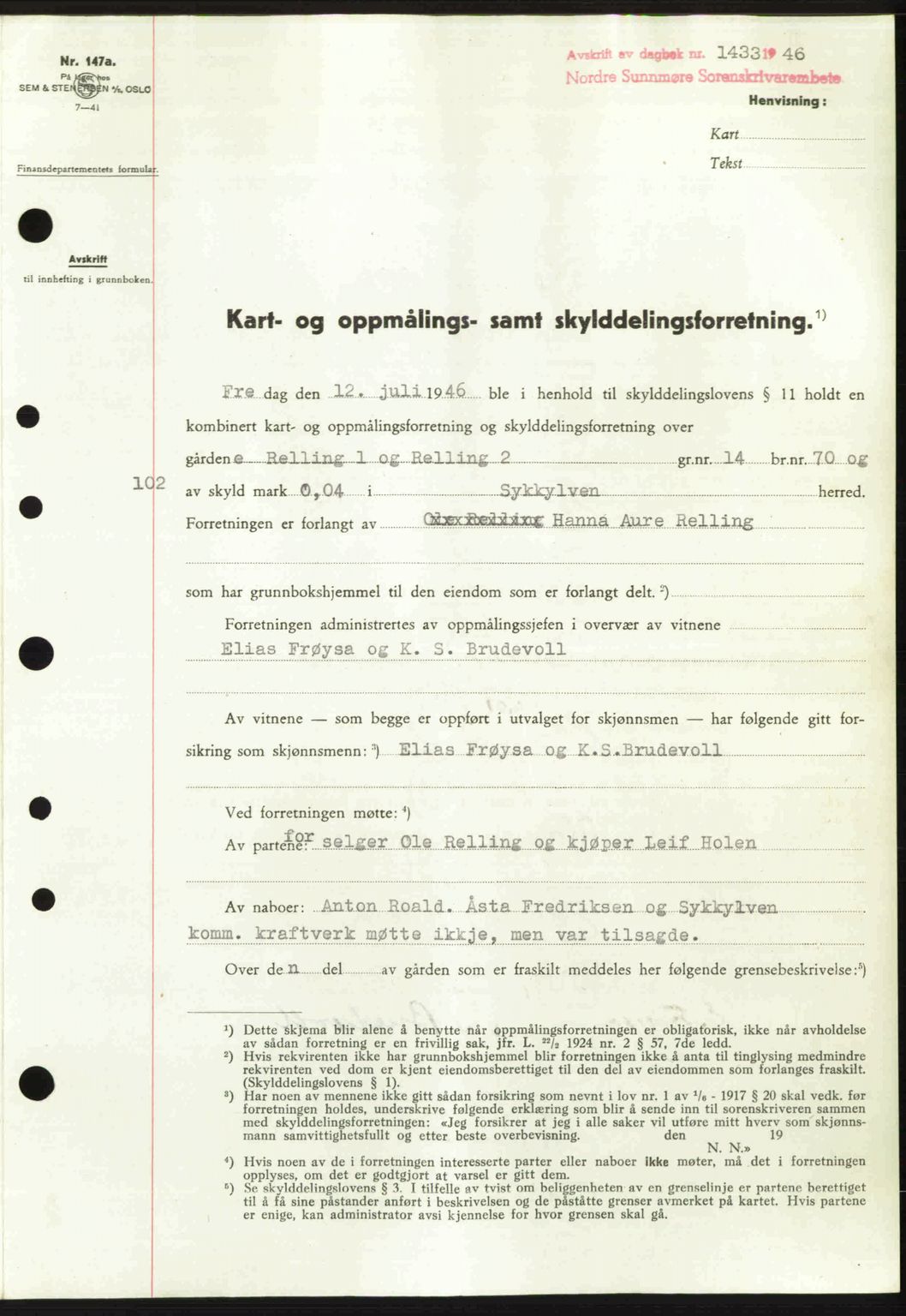 Nordre Sunnmøre sorenskriveri, SAT/A-0006/1/2/2C/2Ca: Pantebok nr. A22, 1946-1946, Dagboknr: 1433/1946