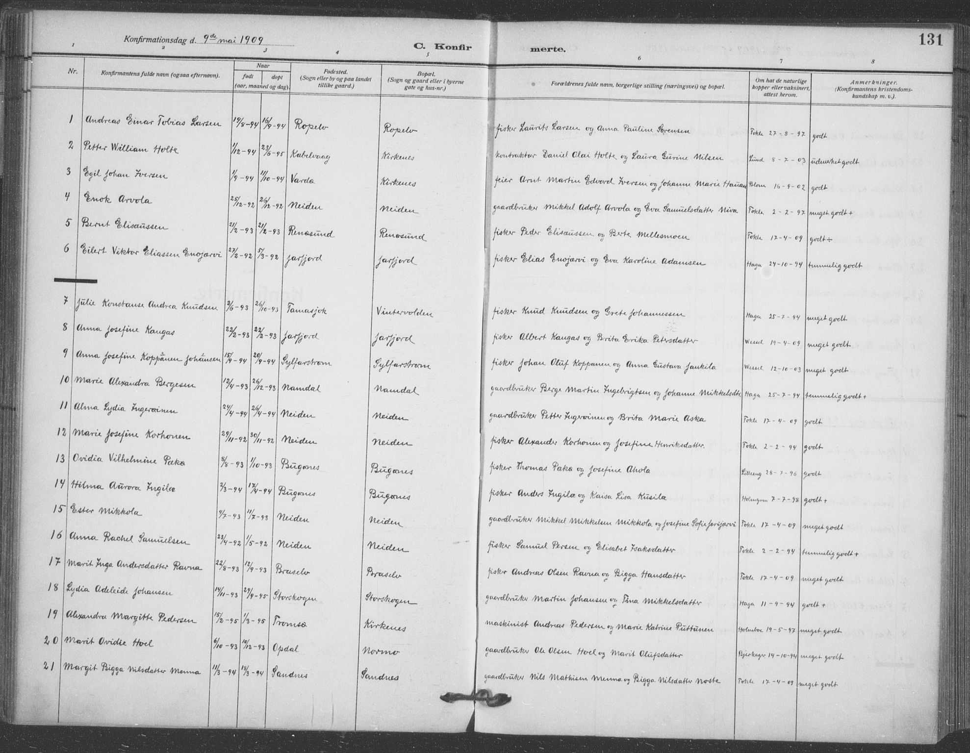Sør-Varanger sokneprestkontor, AV/SATØ-S-1331/H/Ha/L0005kirke: Ministerialbok nr. 5, 1909-1919, s. 131