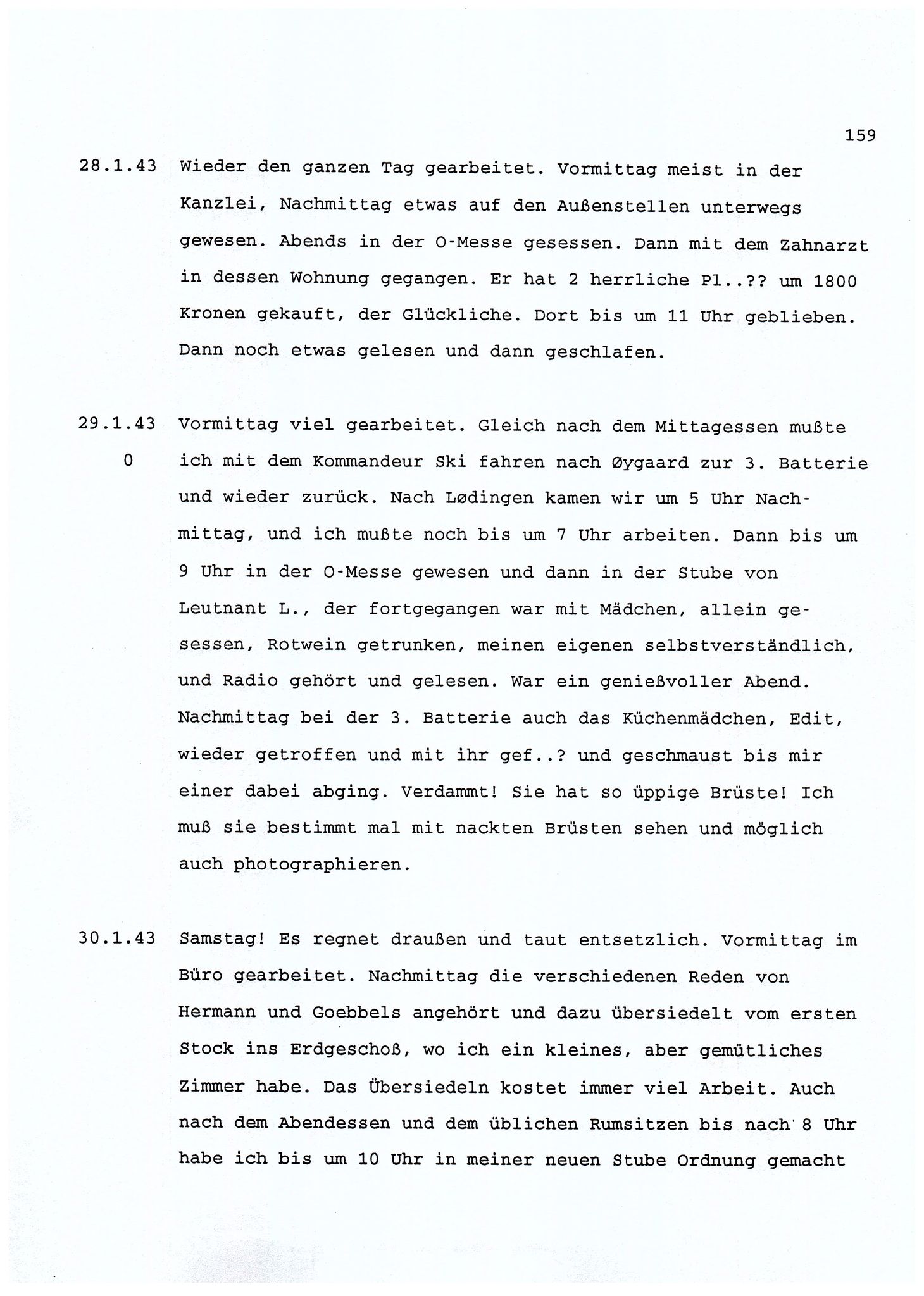 Dagbokopptegnelser av en tysk marineoffiser stasjonert i Norge , FMFB/A-1160/F/L0001: Dagbokopptegnelser av en tysk marineoffiser stasjonert i Norge, 1941-1944, s. 159