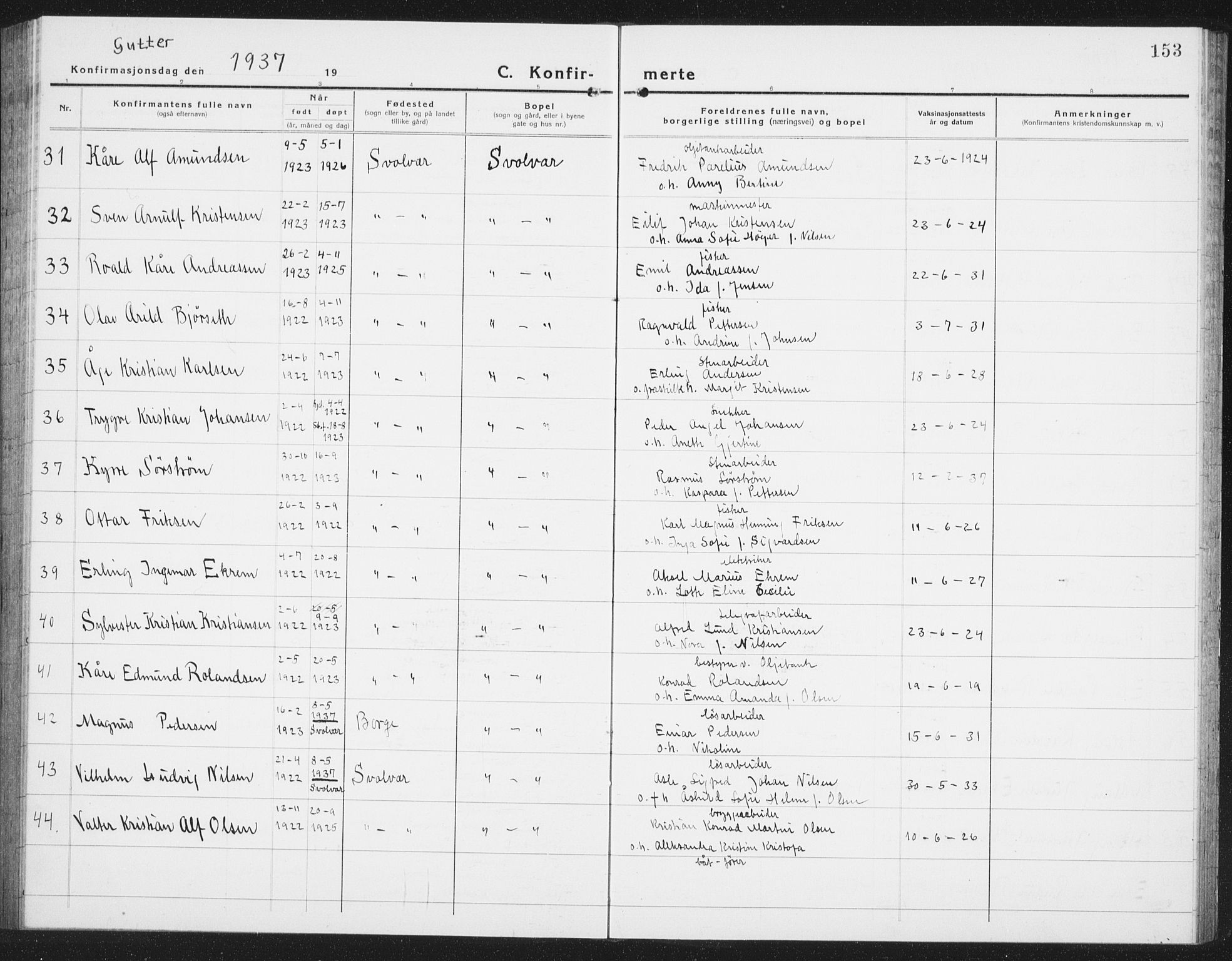 Ministerialprotokoller, klokkerbøker og fødselsregistre - Nordland, AV/SAT-A-1459/877/L1117: Klokkerbok nr. 877C01, 1923-1942, s. 153