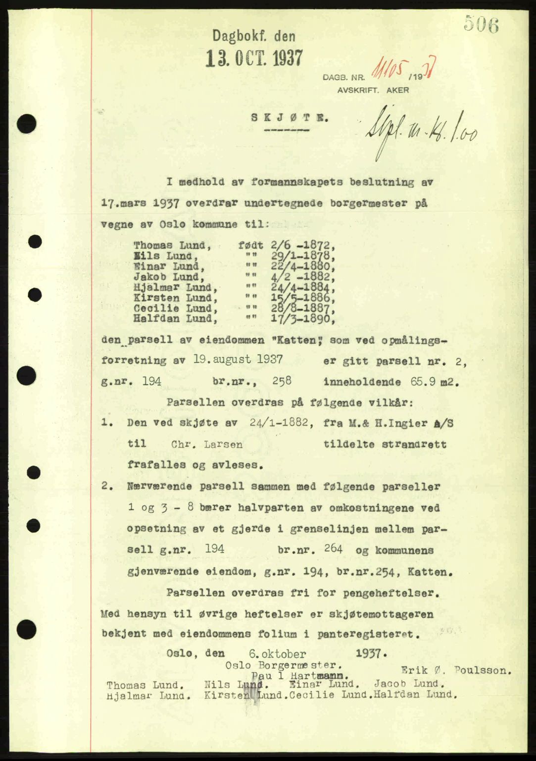 Aker herredsskriveri, SAO/A-10896/G/Gb/Gba/Gbab/L0017: Pantebok nr. A148, 1937-1937, Dagboknr: 11105/1937