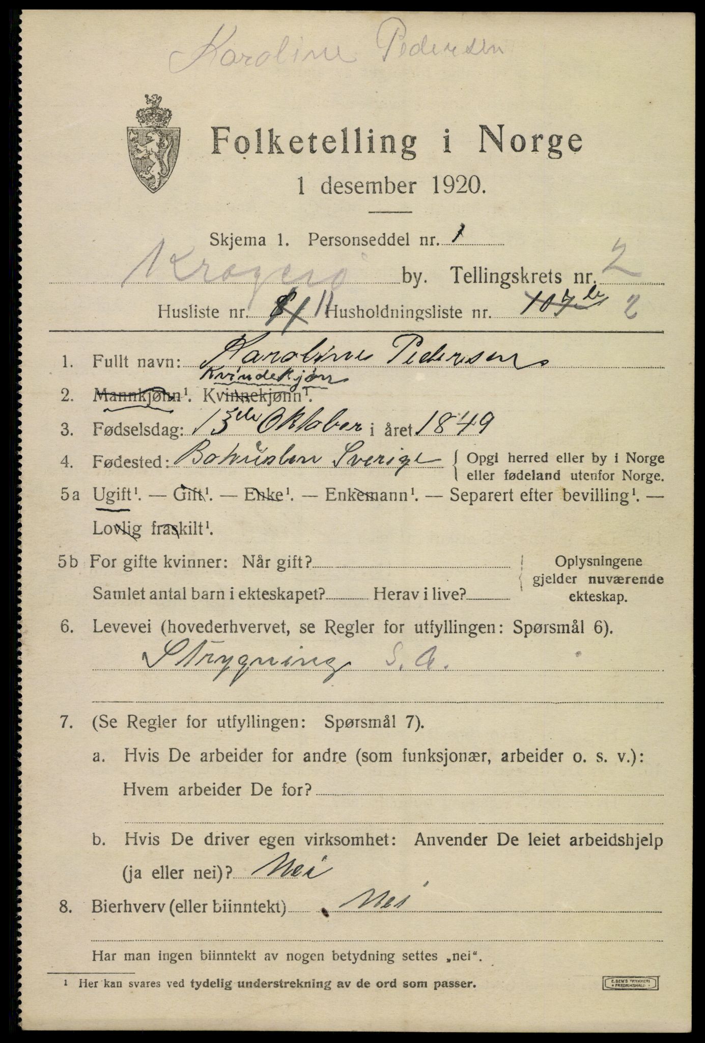 SAKO, Folketelling 1920 for 0801 Kragerø kjøpstad, 1920, s. 5447