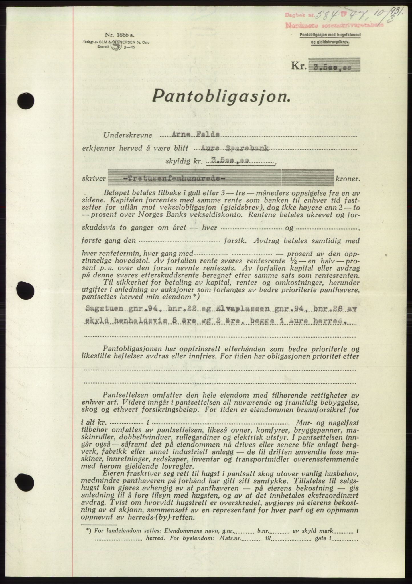Nordmøre sorenskriveri, SAT/A-4132/1/2/2Ca: Pantebok nr. B95, 1946-1947, Dagboknr: 584/1947