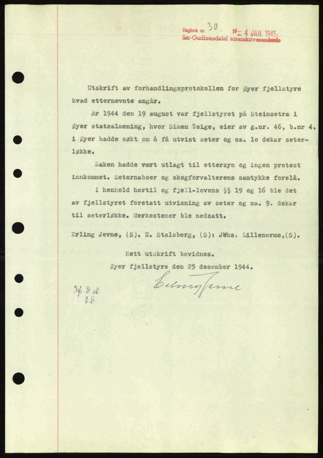 Sør-Gudbrandsdal tingrett, SAH/TING-004/H/Hb/Hbd/L0014: Pantebok nr. A14, 1944-1945, Dagboknr: 30/1945