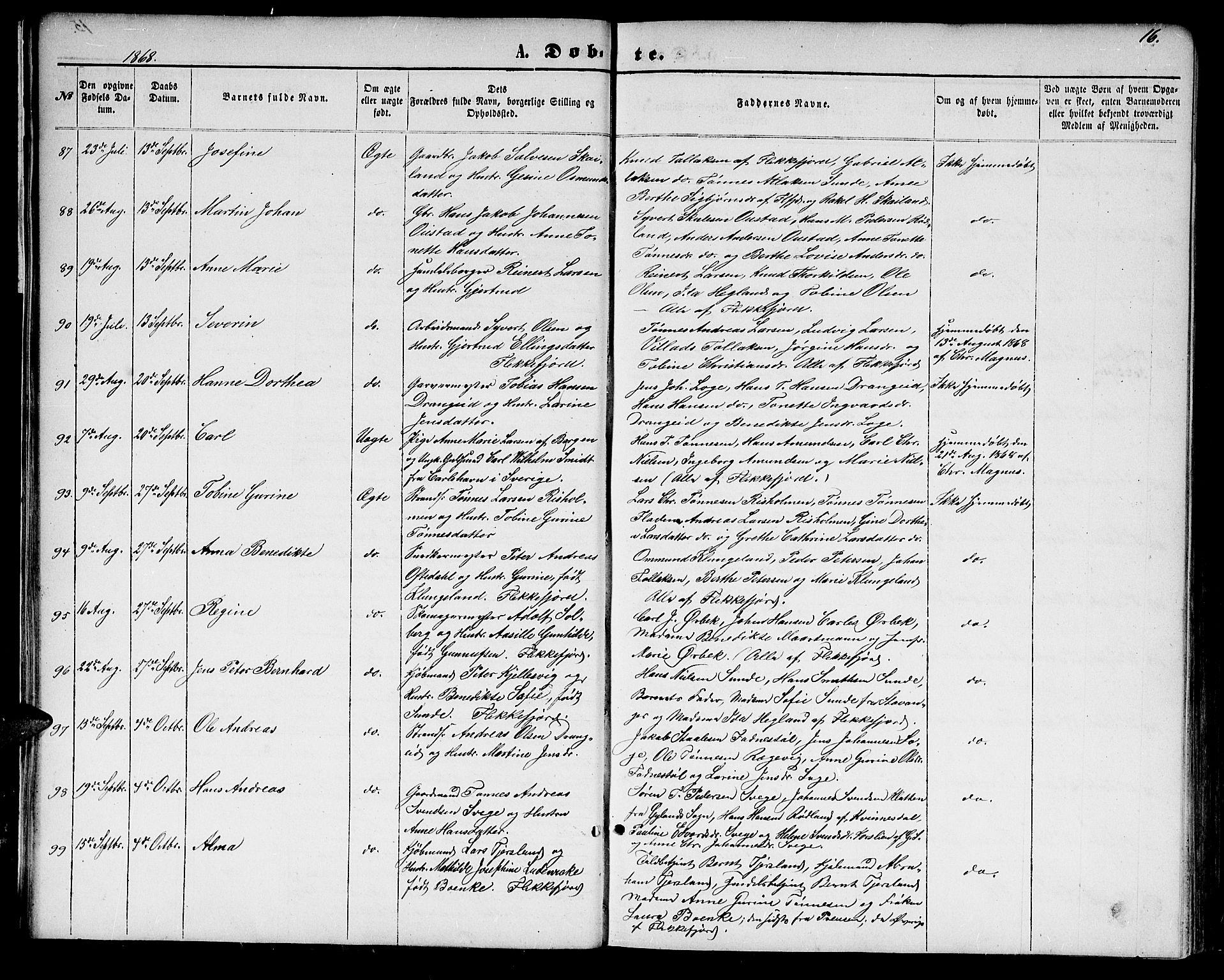 Flekkefjord sokneprestkontor, AV/SAK-1111-0012/F/Fb/Fbc/L0006: Klokkerbok nr. B 6, 1866-1879, s. 16