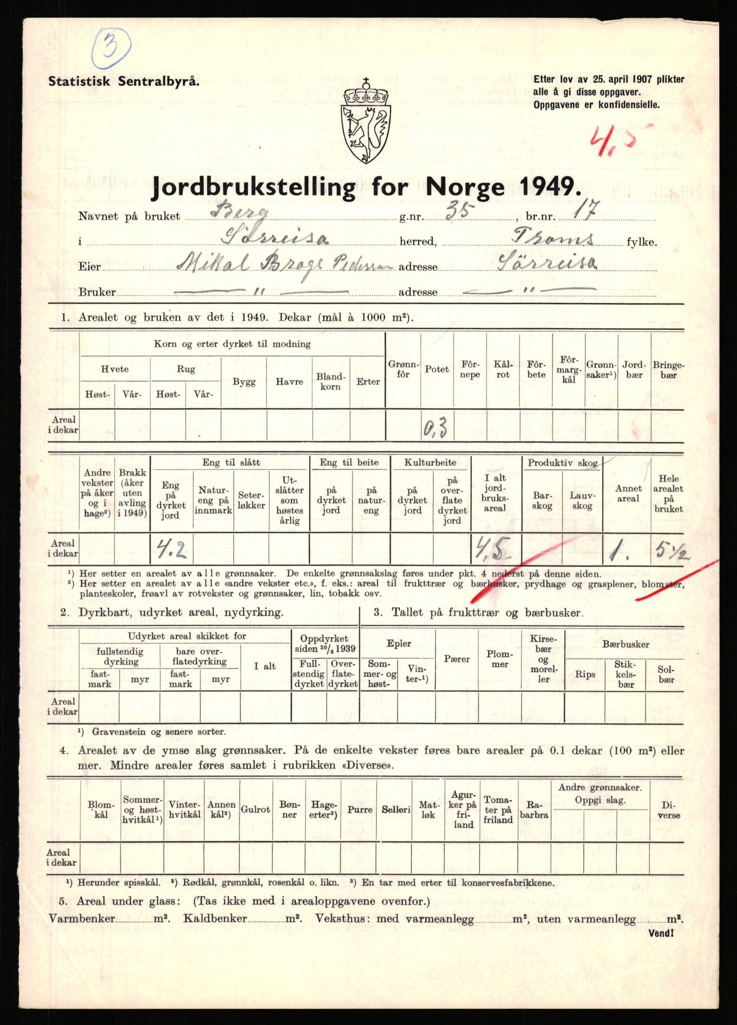 Statistisk sentralbyrå, Næringsøkonomiske emner, Jordbruk, skogbruk, jakt, fiske og fangst, AV/RA-S-2234/G/Gc/L0440: Troms: Sørreisa og Dyrøy, 1949, s. 53