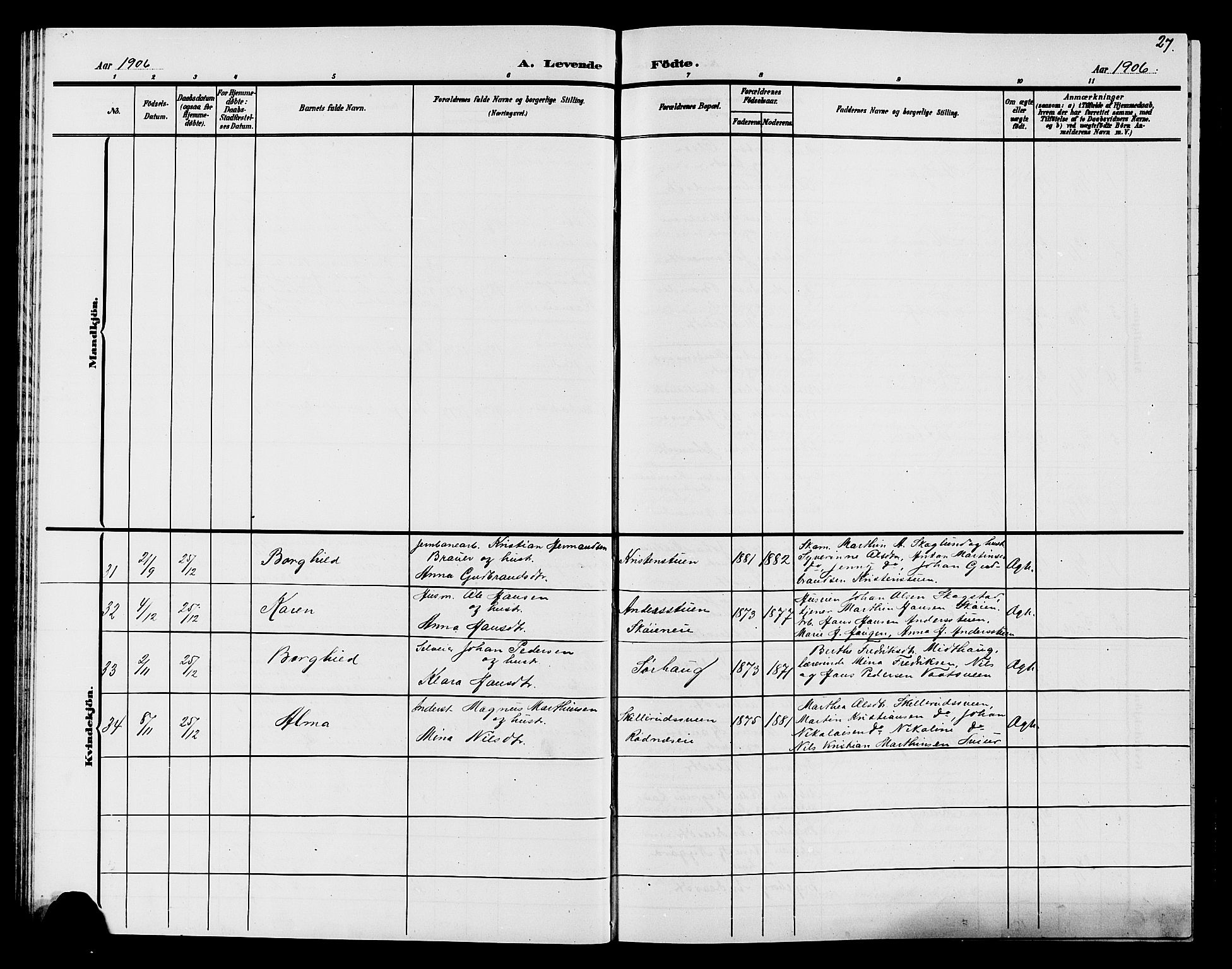 Søndre Land prestekontor, SAH/PREST-122/L/L0005: Klokkerbok nr. 5, 1902-1911, s. 27