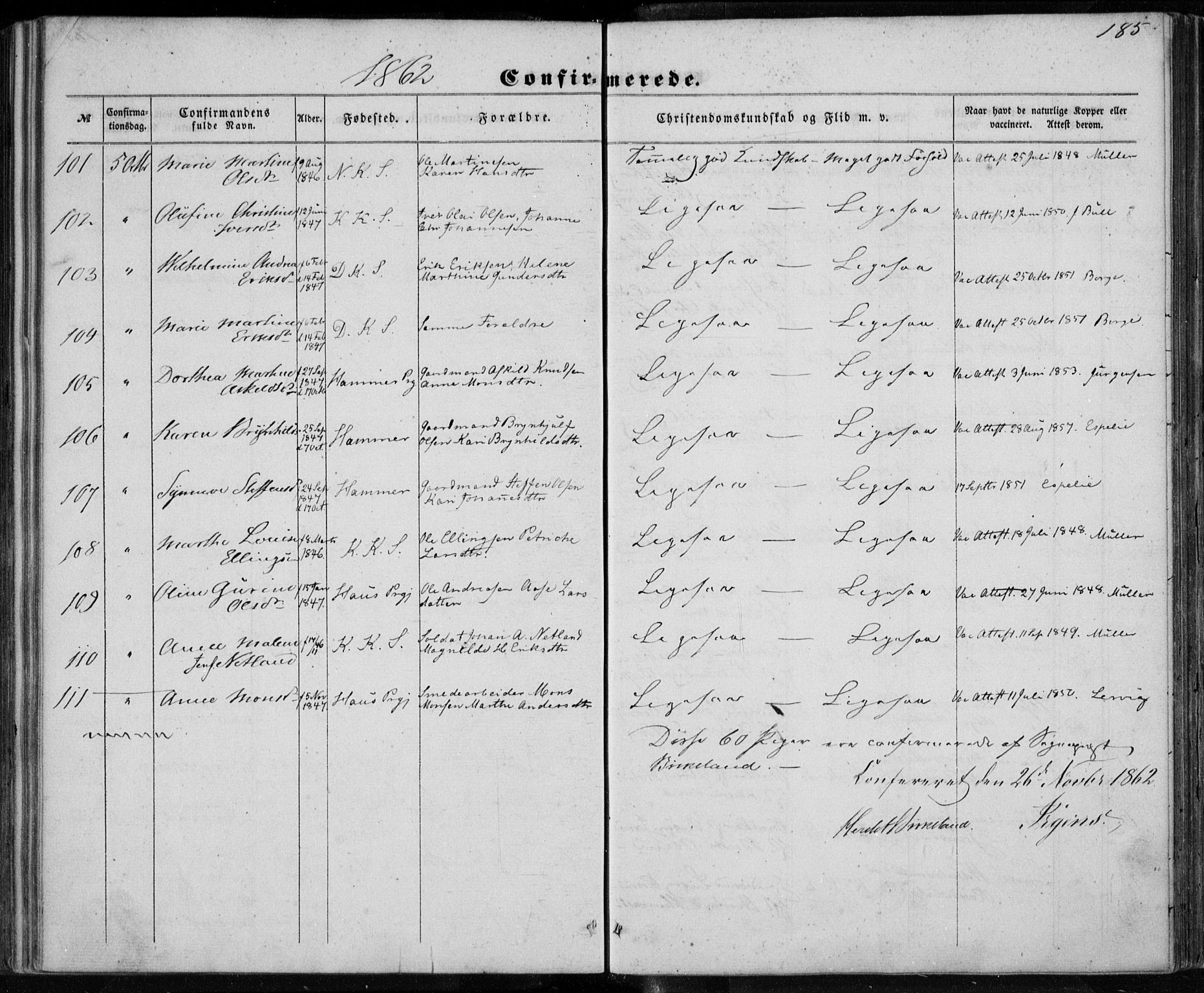 Korskirken sokneprestembete, SAB/A-76101/H/Haa/L0027: Ministerialbok nr. C 3, 1854-1868, s. 185