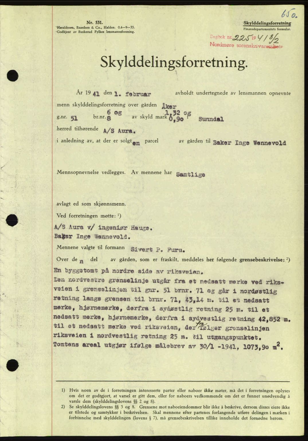 Nordmøre sorenskriveri, SAT/A-4132/1/2/2Ca: Pantebok nr. A89, 1940-1941, Dagboknr: 225/1941