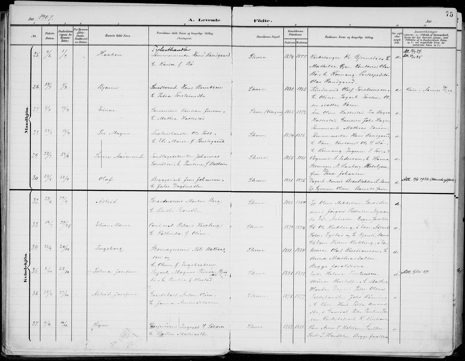 Lillehammer prestekontor, AV/SAH-PREST-088/H/Ha/Haa/L0001: Ministerialbok nr. 1, 1901-1916, s. 75