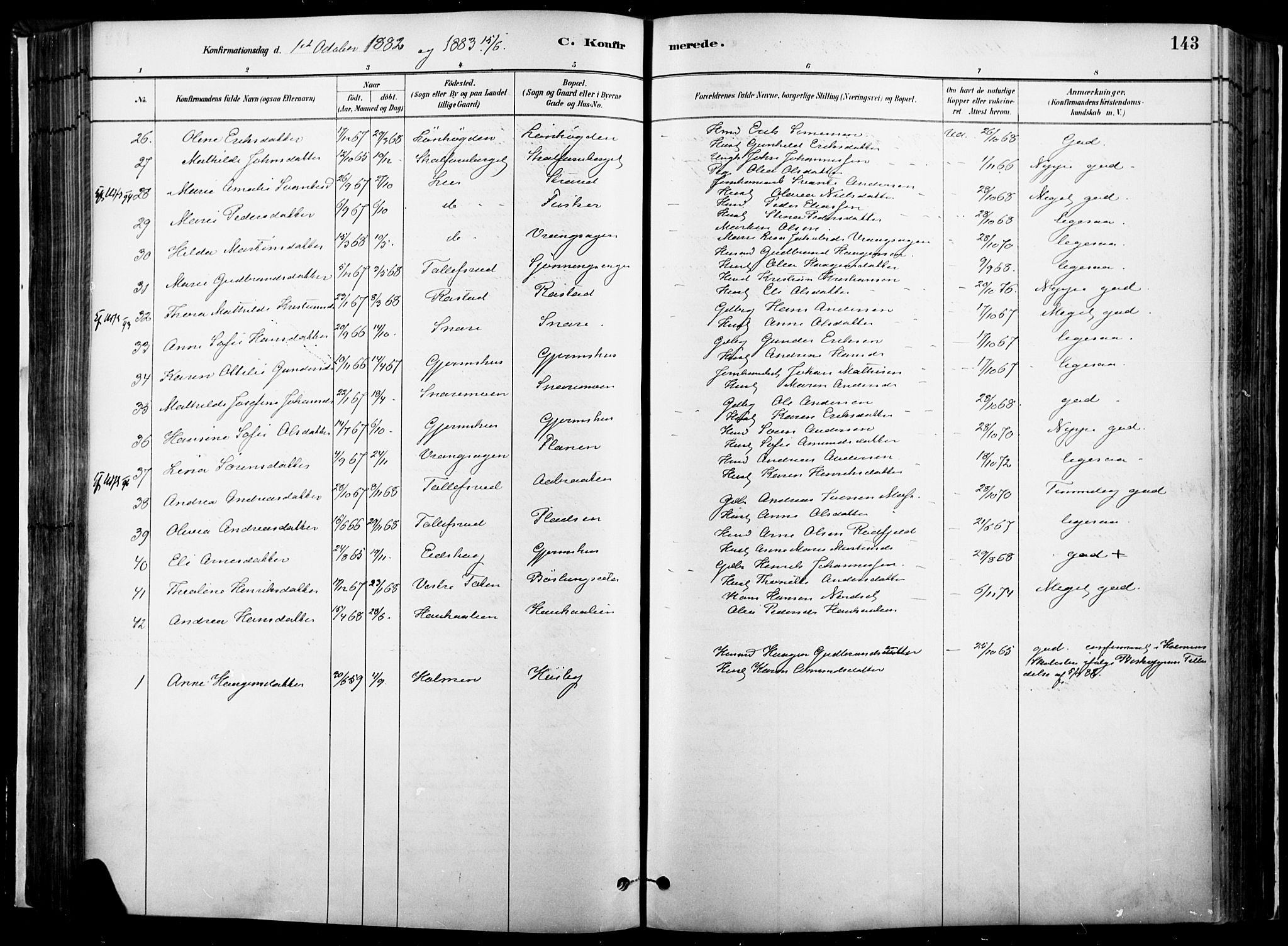 Vinger prestekontor, AV/SAH-PREST-024/H/Ha/Haa/L0014: Ministerialbok nr. 14, 1881-1900, s. 143