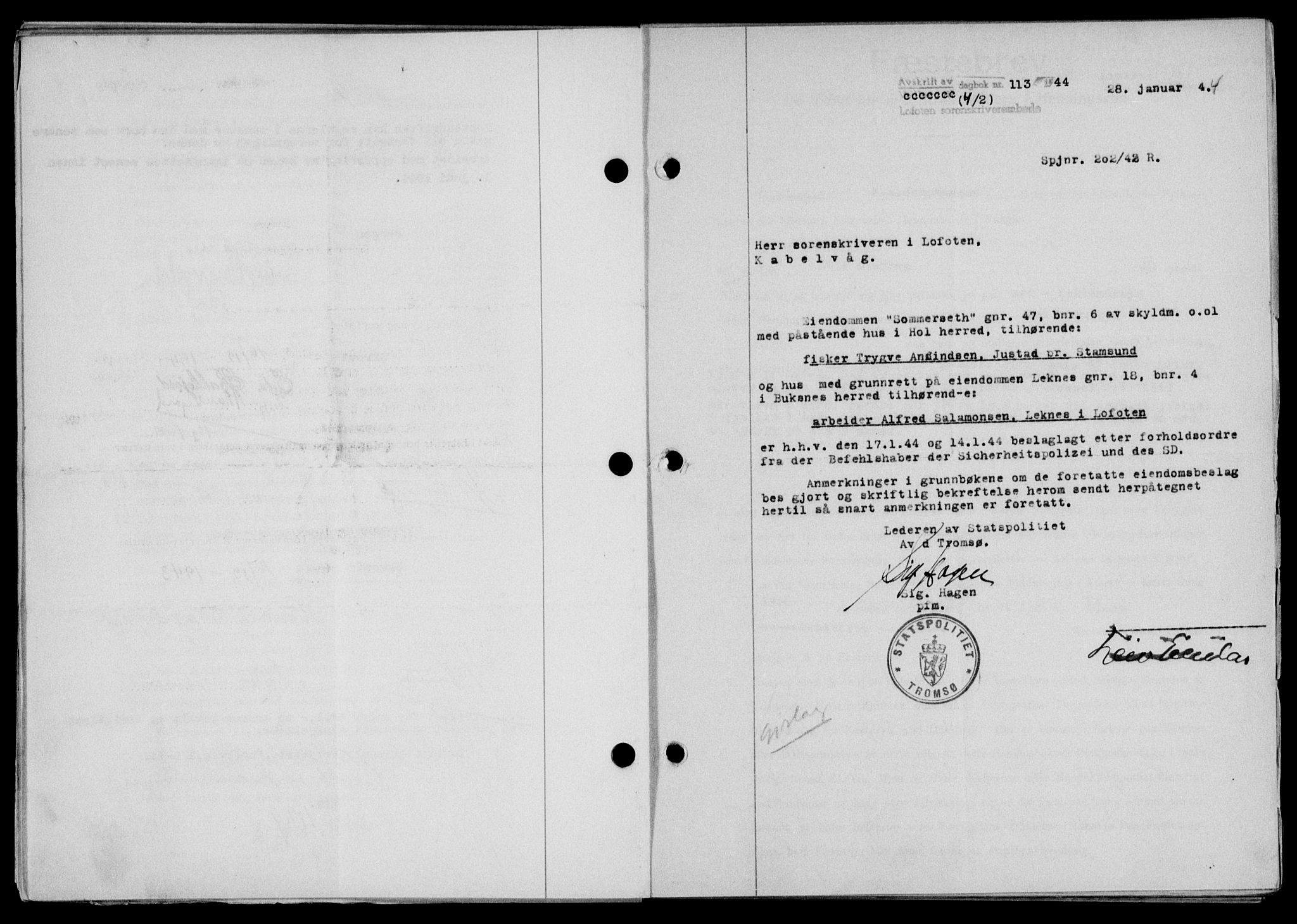 Lofoten sorenskriveri, SAT/A-0017/1/2/2C/L0012a: Pantebok nr. 12a, 1943-1944, Dagboknr: 113/1944