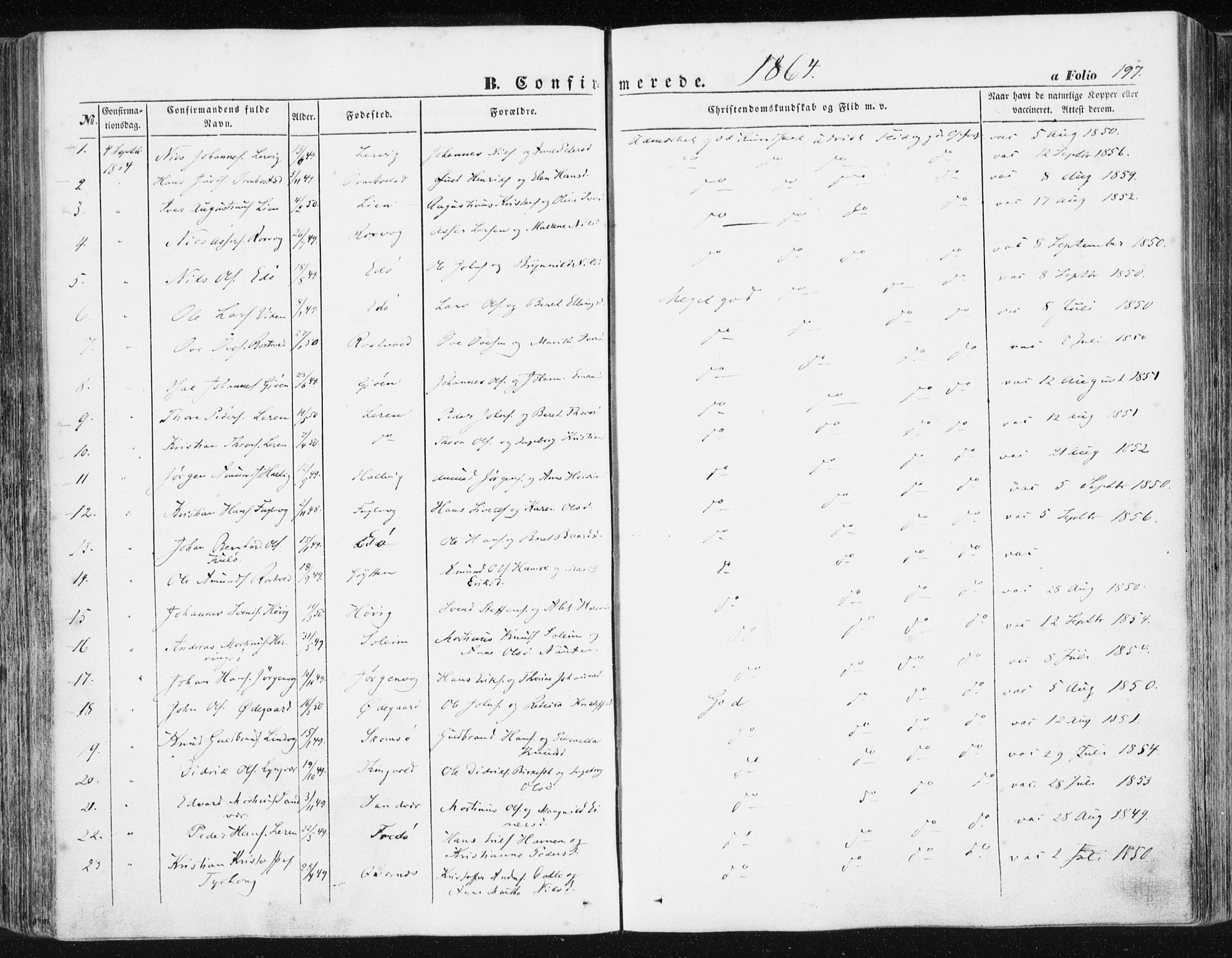 Ministerialprotokoller, klokkerbøker og fødselsregistre - Møre og Romsdal, SAT/A-1454/581/L0937: Ministerialbok nr. 581A05, 1853-1872, s. 197